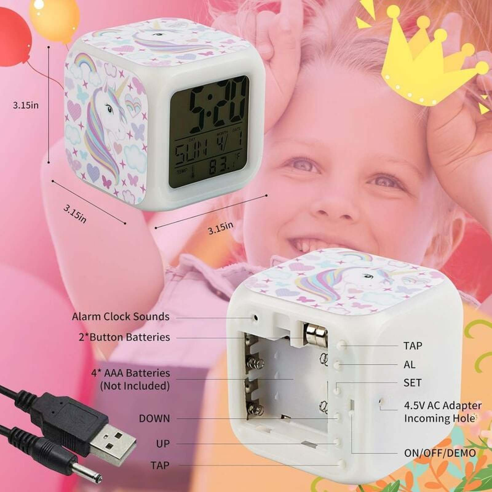 Ein digitaler Würfelwecker mit Einhorn-Motiv, der die Uhrzeit 5:20 anzeigt.
