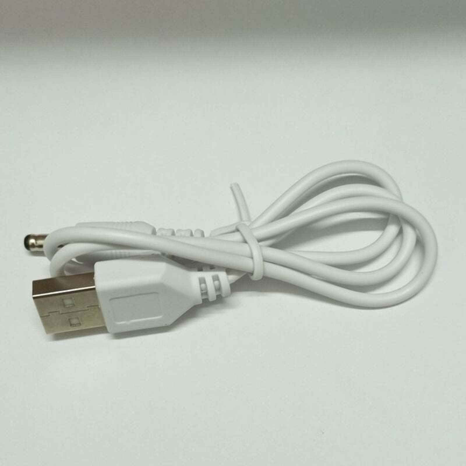 Ein weißes USB-zu-DC-Stromkabel mit einem USB-A-Stecker und einem runden DC-Stecker.