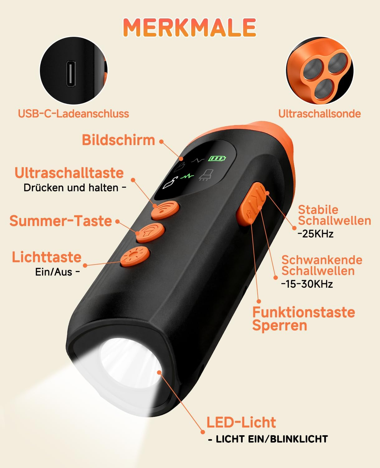Ein Ultraschall-Abwehrgerät mit USB-C, Bildschirm, Tasten und LED-Licht.