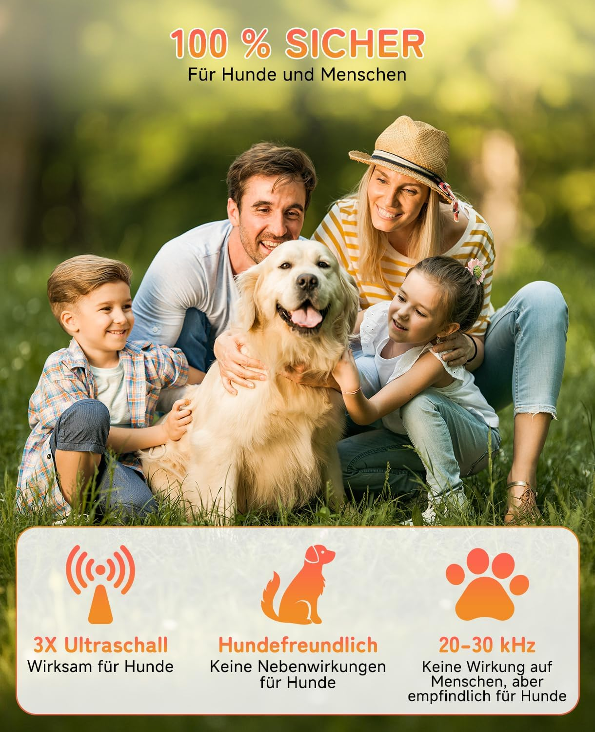 Familie mit Hund im Park. Merkmale: 3x Ultraschall, hundefreundlich, 20-30 kHz.