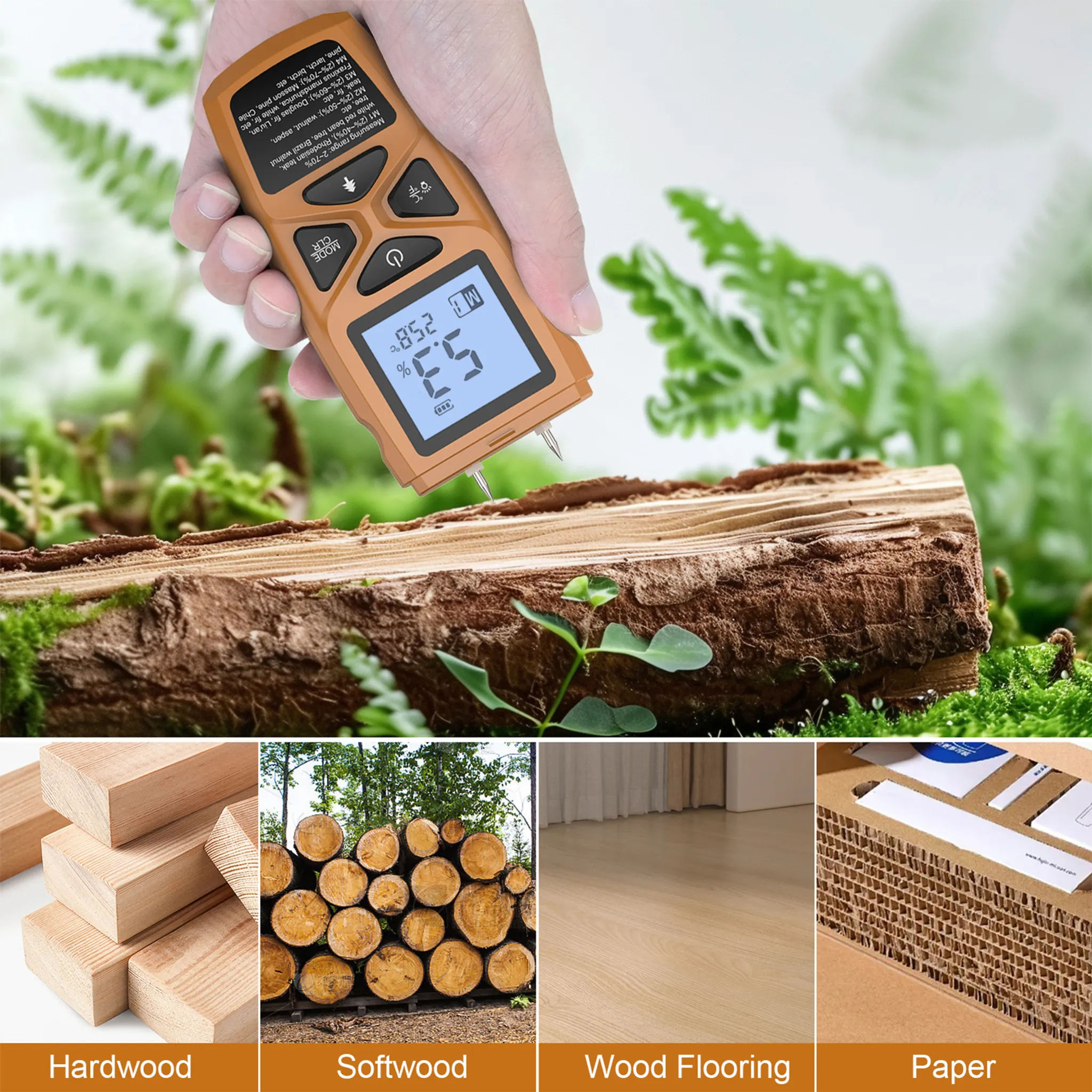 Ein Holzfeuchtemessgerät wird in der Hand gehalten, das Holz und Pflanzen im Hintergrund zeigt.