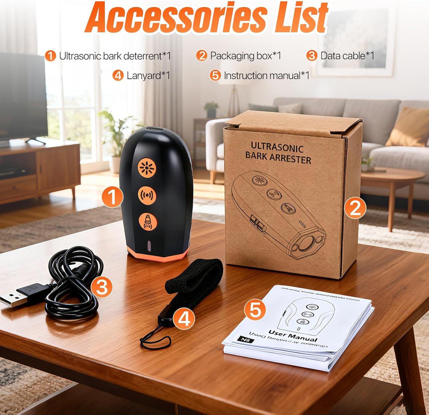 Zubehörliste: Ultraschall-Bell-Abwehrgerät, Verpackungsbox, Datenkabel, Lanyard, Bedienungsanleitung.