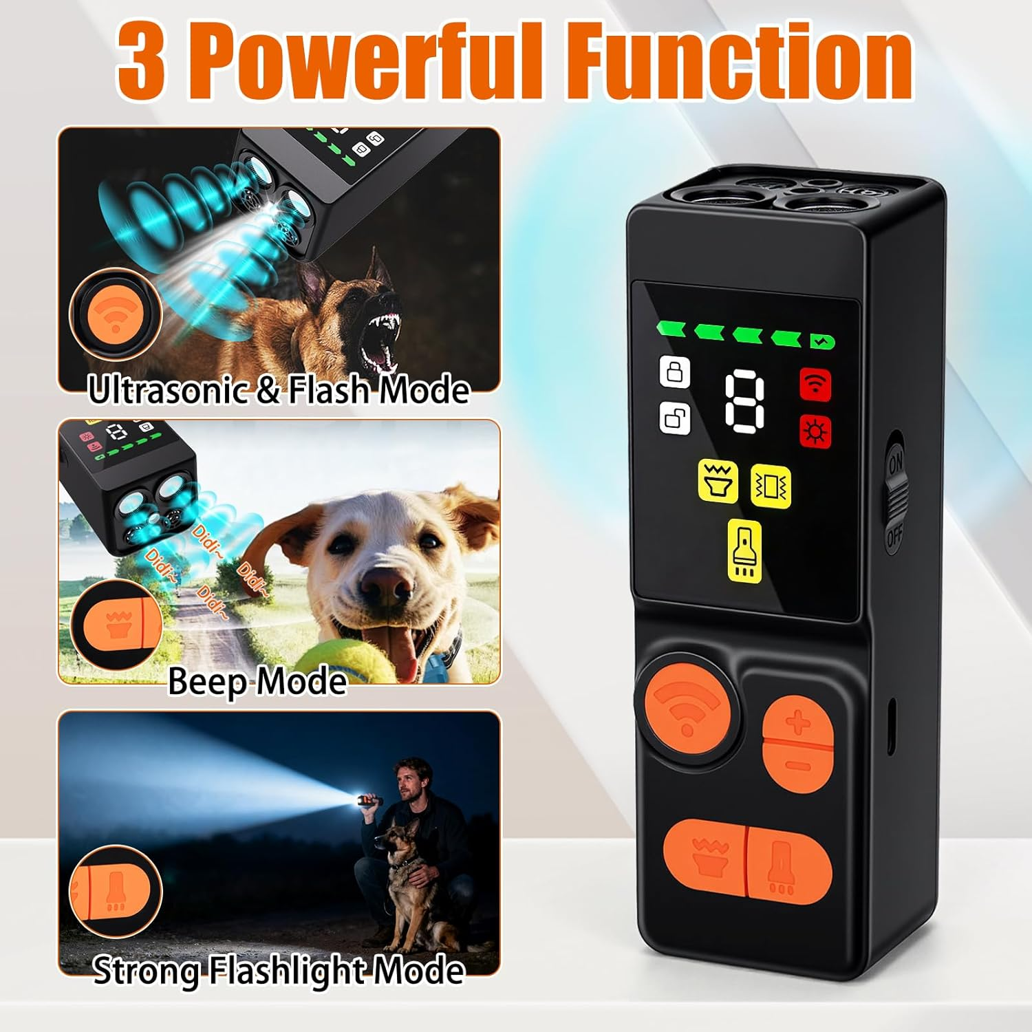 Hundetraining-Gerät mit 3 Modi: Ultraschall/Blitz, Piepton und Taschenlampe.