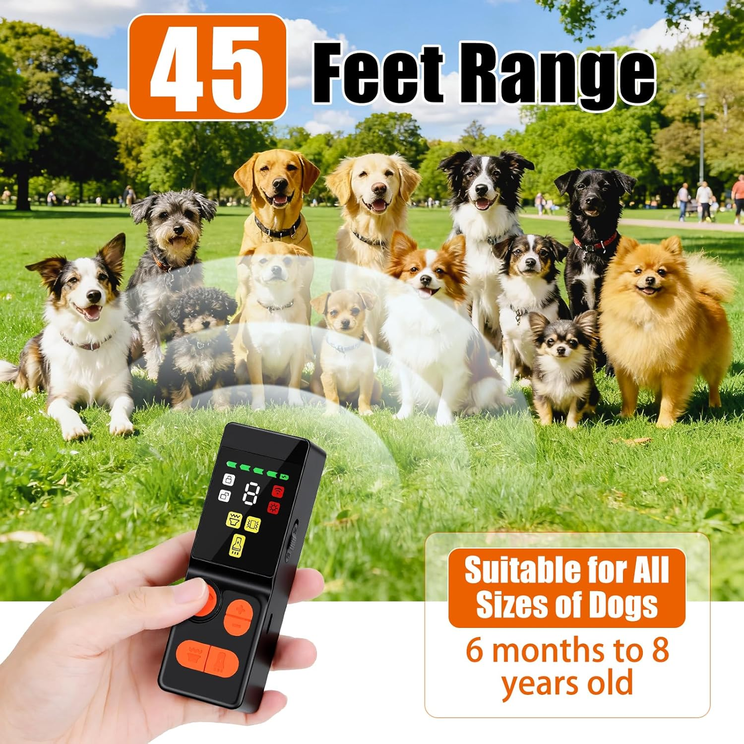 Ein Hundetrainer-Gerät mit 45 Fuß Reichweite, geeignet für alle Hundegrößen.