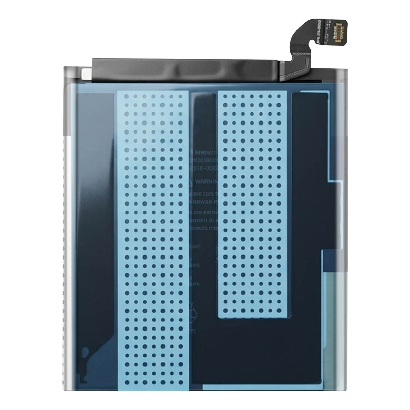 Una batteria per smartphone con due inserti perforati azzurri e un cavo nero.