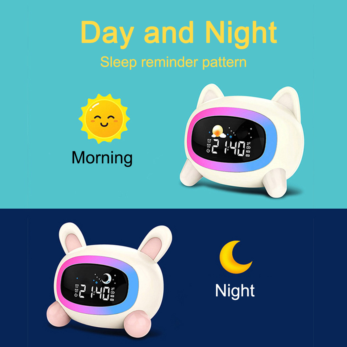 Ein Kinderwecker zeigt tagsüber eine Sonne und nachts einen Mond, mit der Zeit 21:40.