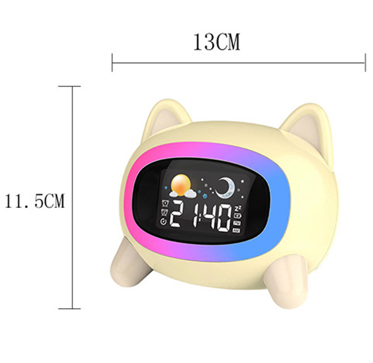 Eine cremefarbene katzenförmige Weckuhr mit Digitalanzeige, die 2:40 anzeigt.