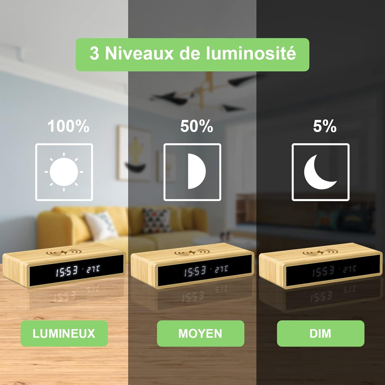 Ein Holzwecker mit drei Helligkeitsstufen: 100%, 50% und 5%.