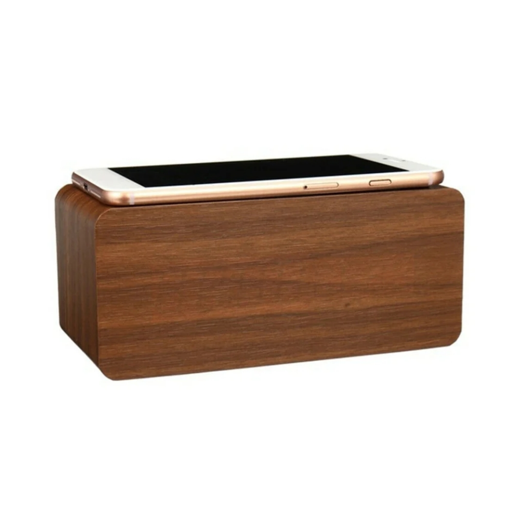 Ein goldener Smartphone liegt auf einem braunen Holzblock.