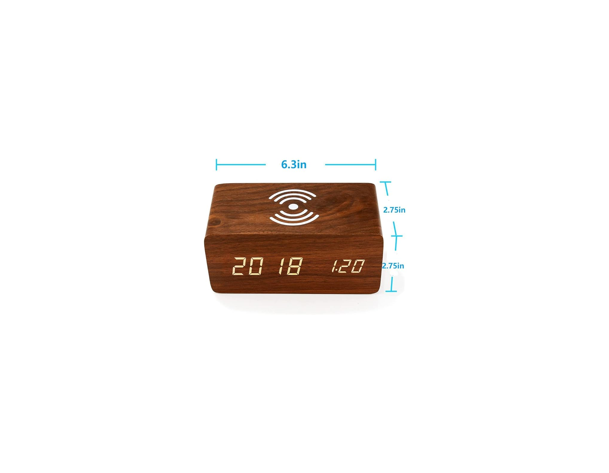 Holzwecker mit digitaler Uhrzeit und Lade-Symbol, 6,3x2,75 Zoll.