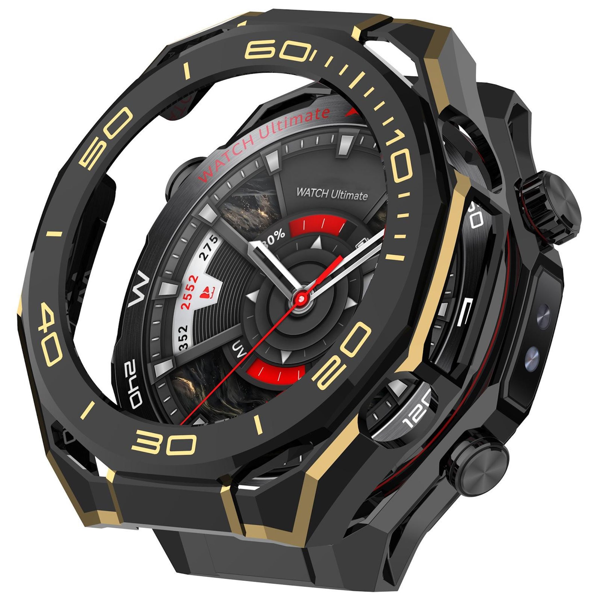 Schwarze und goldene Uhr mit rundem Zifferblatt, Zeigern und Zahlen.