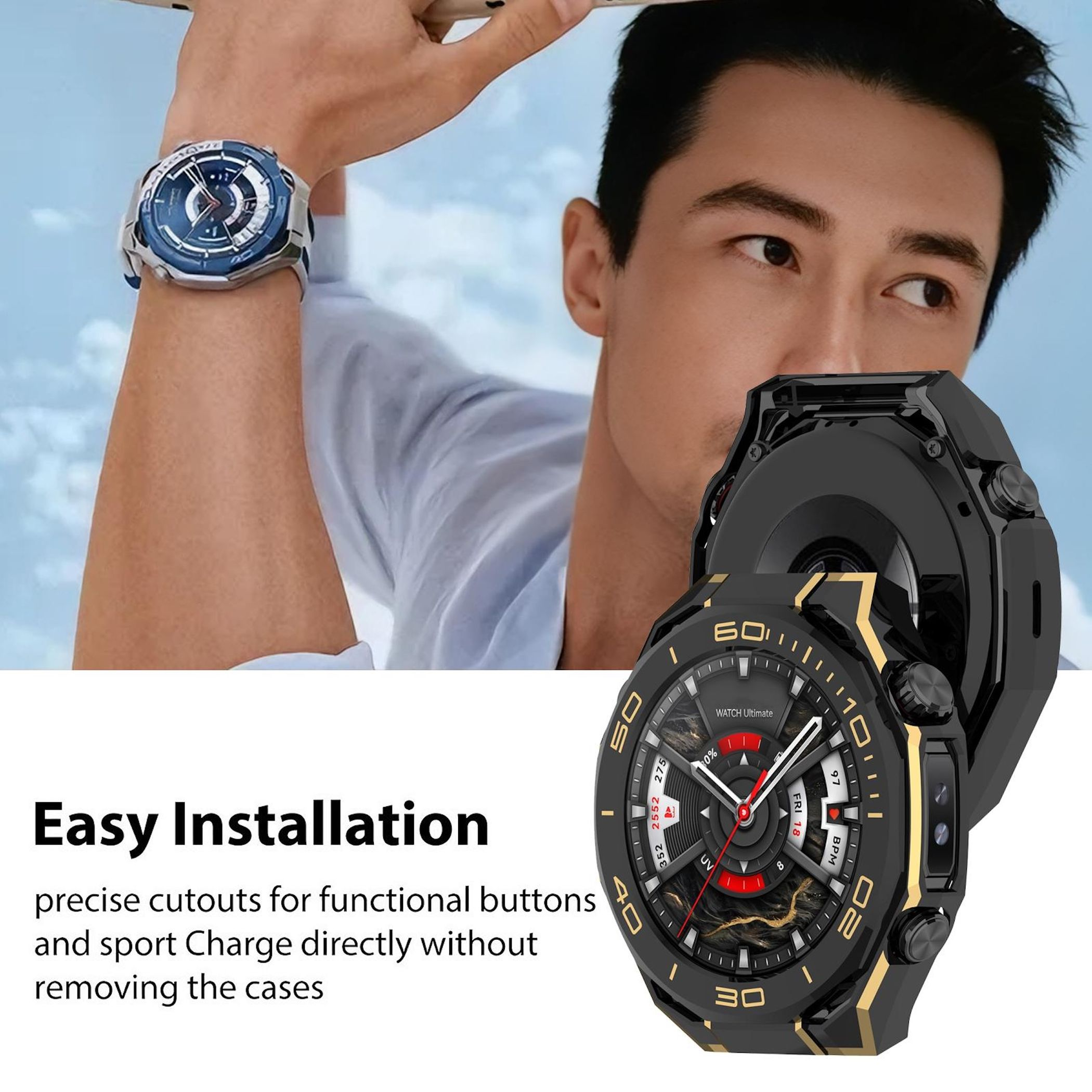 Ein Mann trägt eine blaue Analoguhr. Eine schwarze Smartwatch mit goldenen Akzenten wird gezeigt.