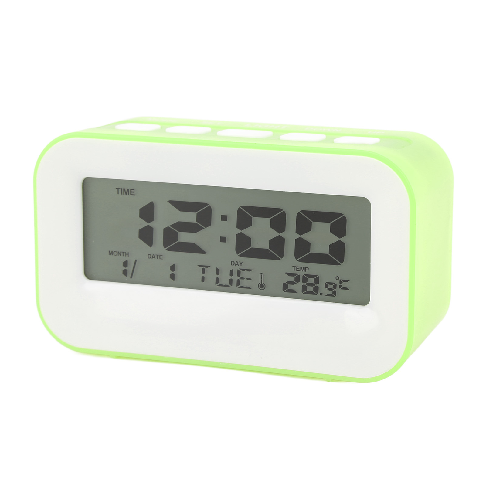 Ein grüner Digitalwecker zeigt 12:00, Dienstag, 28.9°C an.