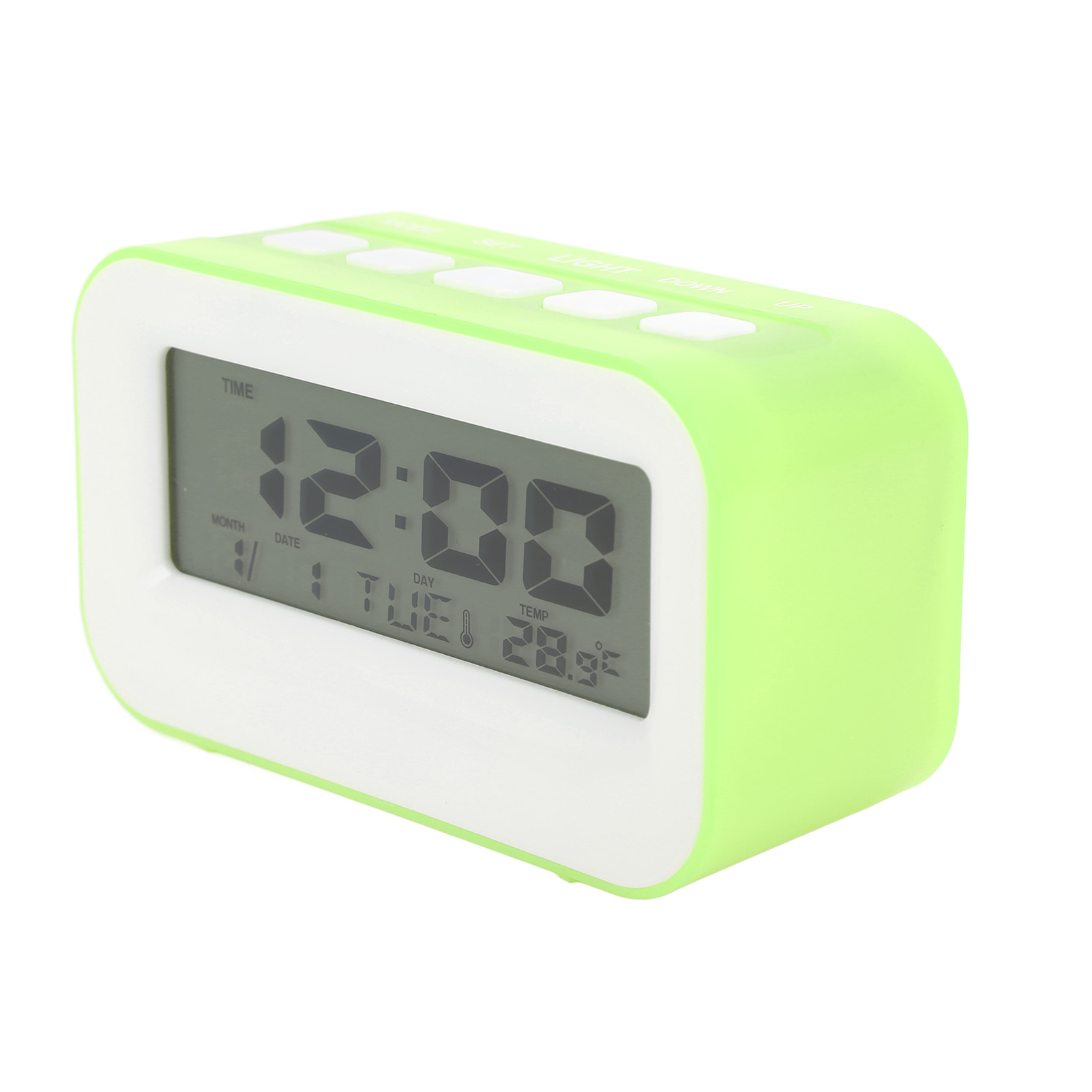 Ein hellgrüner Digitalwecker zeigt 12:00 Uhr, Dienstag und 28,9 °C an.