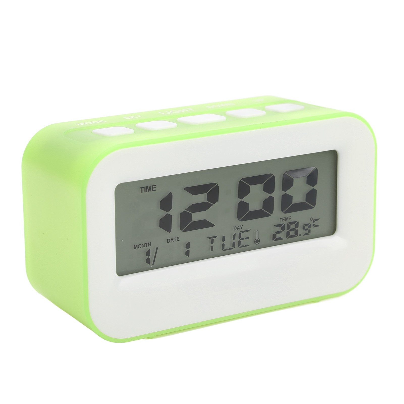 Ein digitaler Wecker mit hellgrünem Gehäuse zeigt 12:00 Uhr, Dienstag und 28,9 Grad Celsius an.