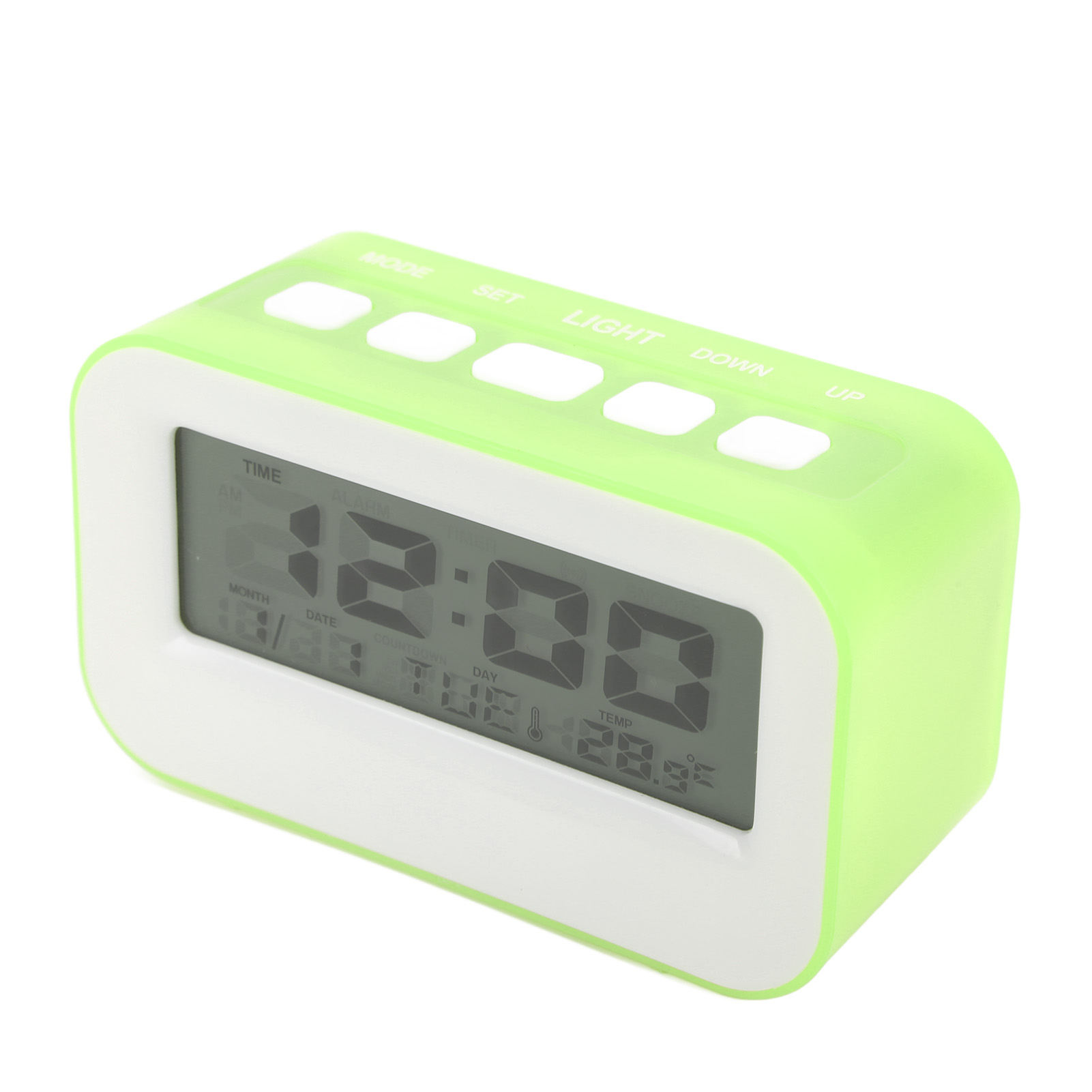 Ein hellgrüner digitaler Wecker mit einem LCD-Display, das 12:00 Uhr anzeigt.