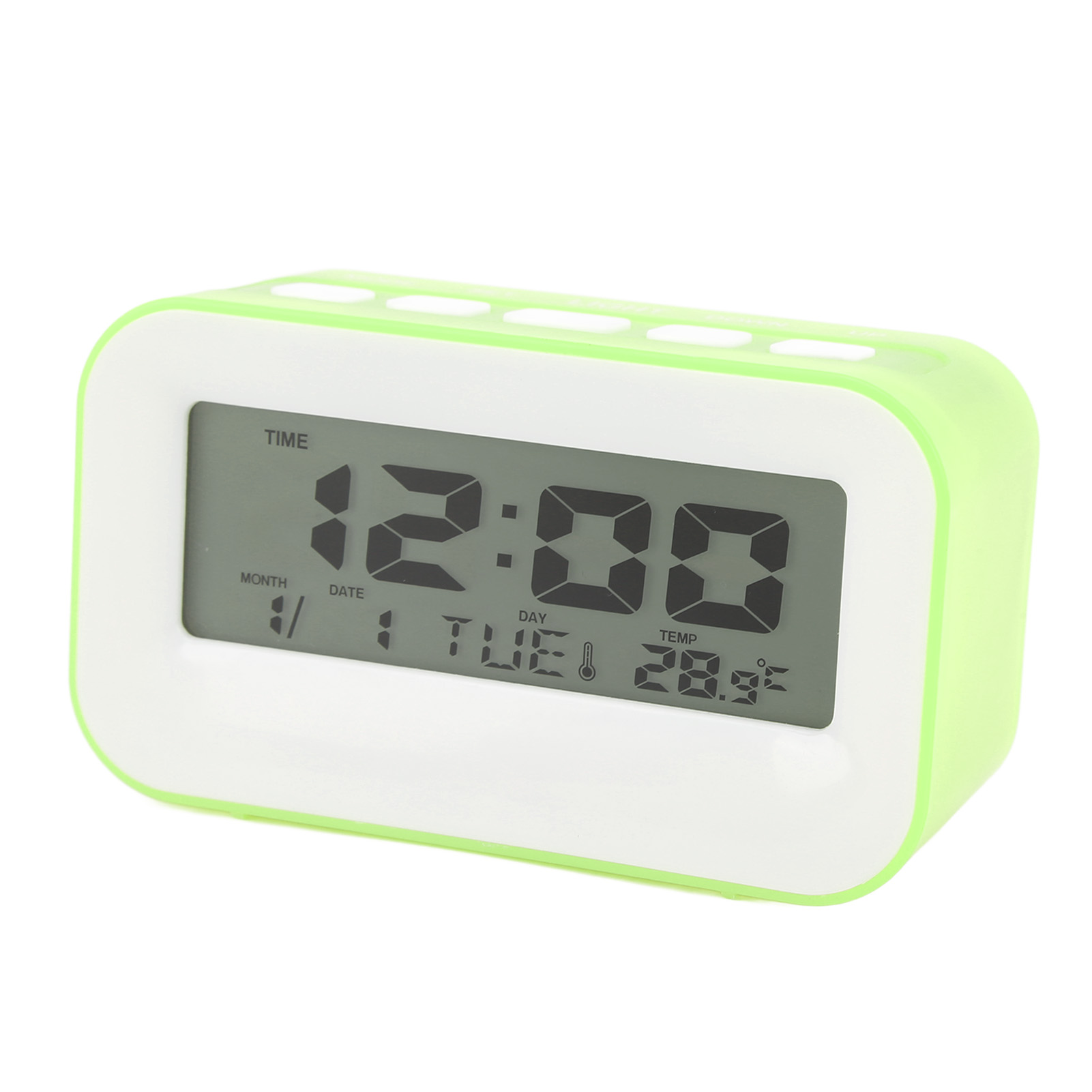 Ein grüner und weißer Digitalwecker zeigt 12:00 Uhr und 28,9 Grad Celsius an.