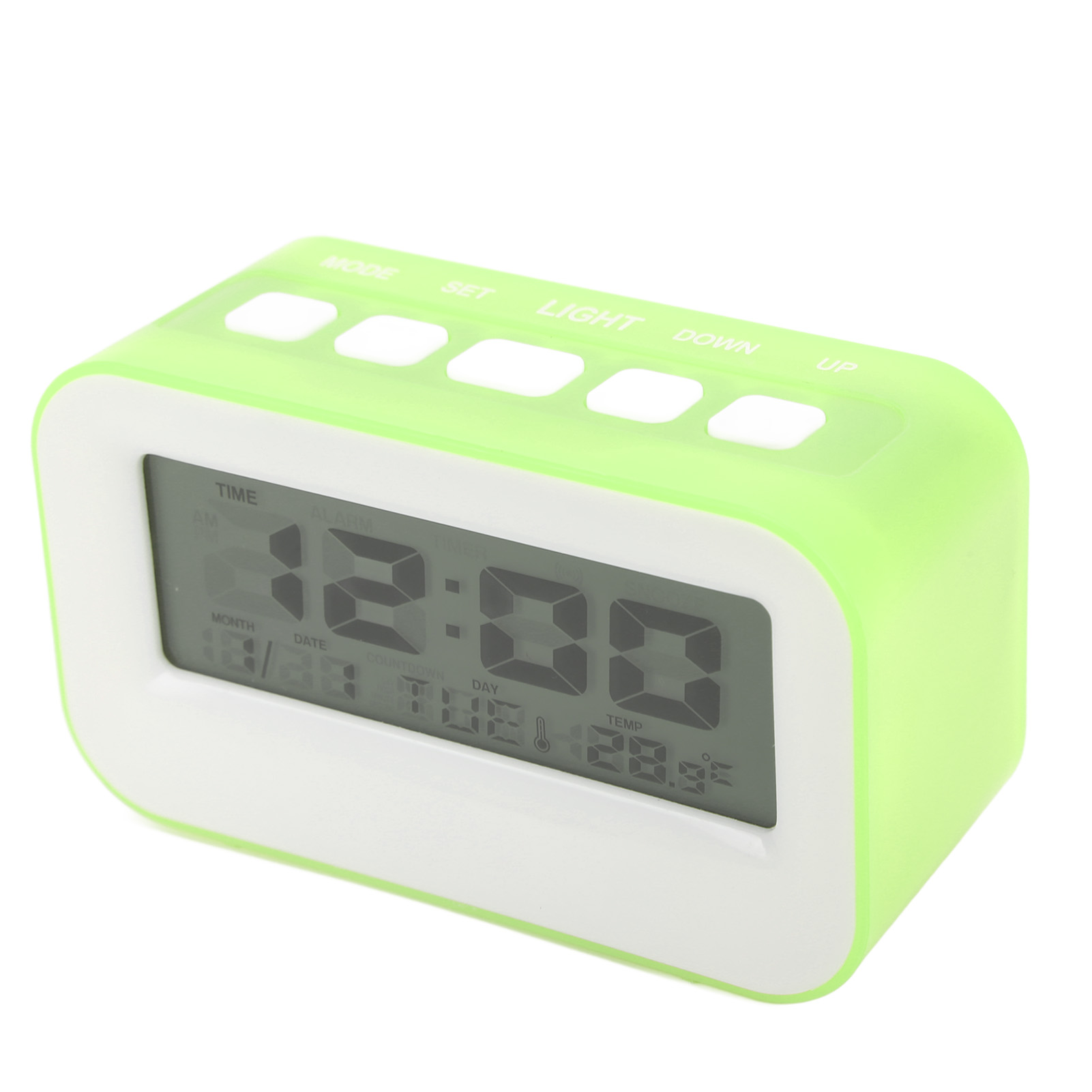 Ein hellgrüner Digitalwecker mit weißem Rahmen und einem LCD-Display.
