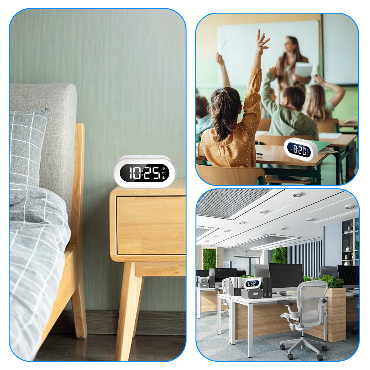 Digitaluhr auf Nachttisch, Klassenzimmer mit Schülern, modernes Büro.
