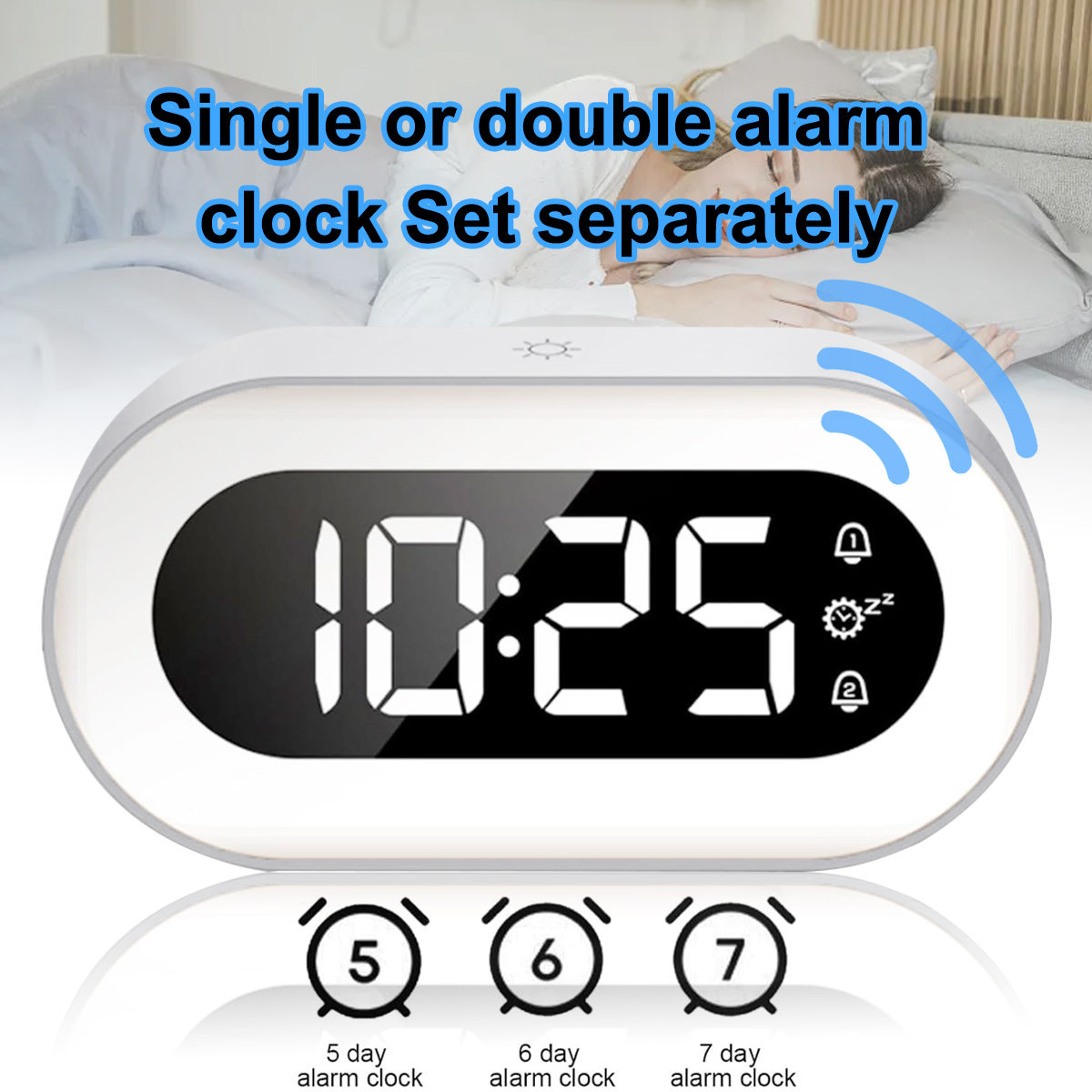 Digitaluhr zeigt 10:25, mit Alarm-Symbolen und einem schlafenden Menschen im Hintergrund.