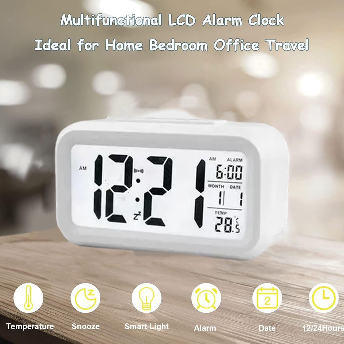 Ein weißer multifunktionaler LCD-Wecker zeigt 12:21 Uhr, Alarm 6:00 Uhr, Datum 1. Januar, 28.5C an.
