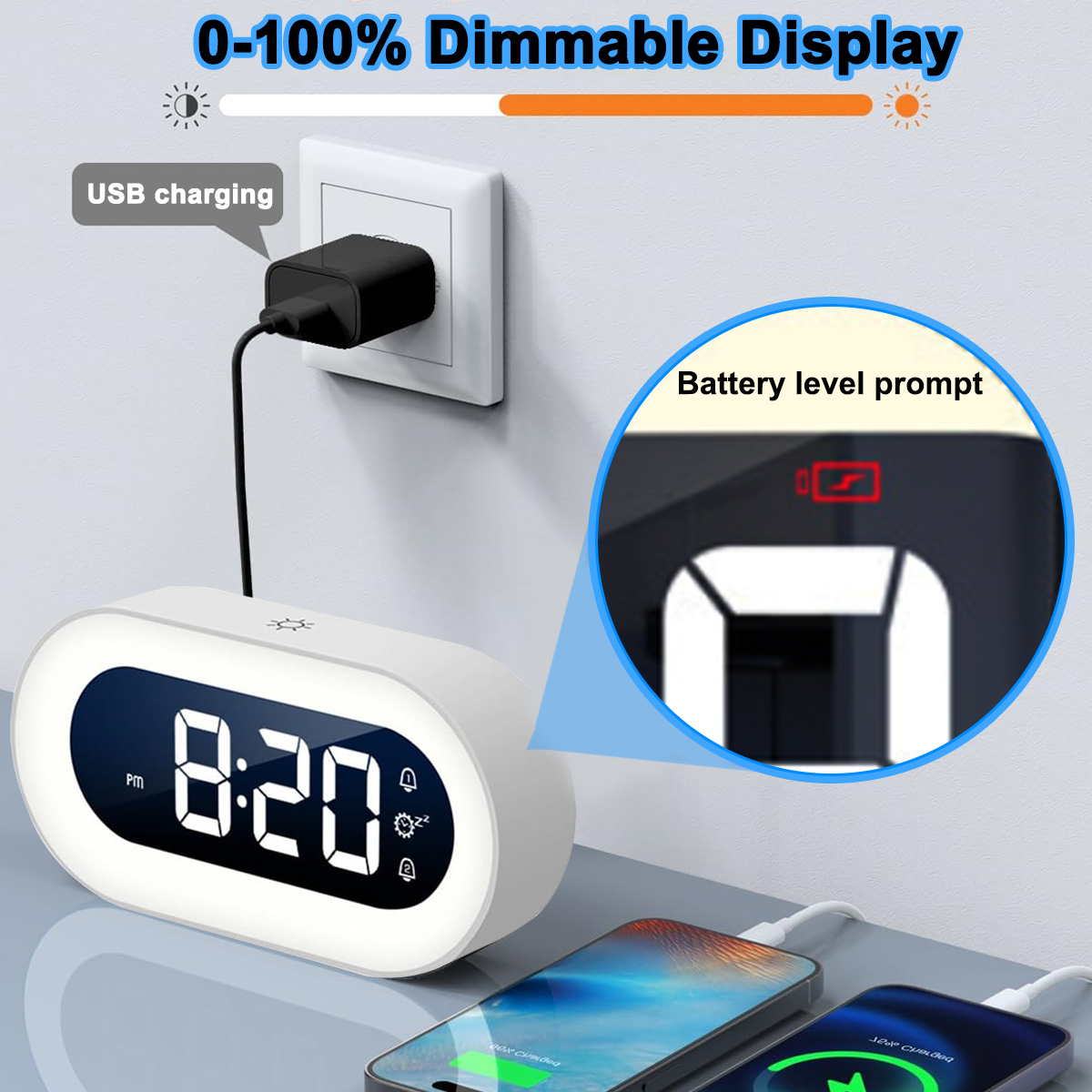 Ein digitaler Wecker mit USB-Ladefunktion und zwei Handys, die aufgeladen werden.