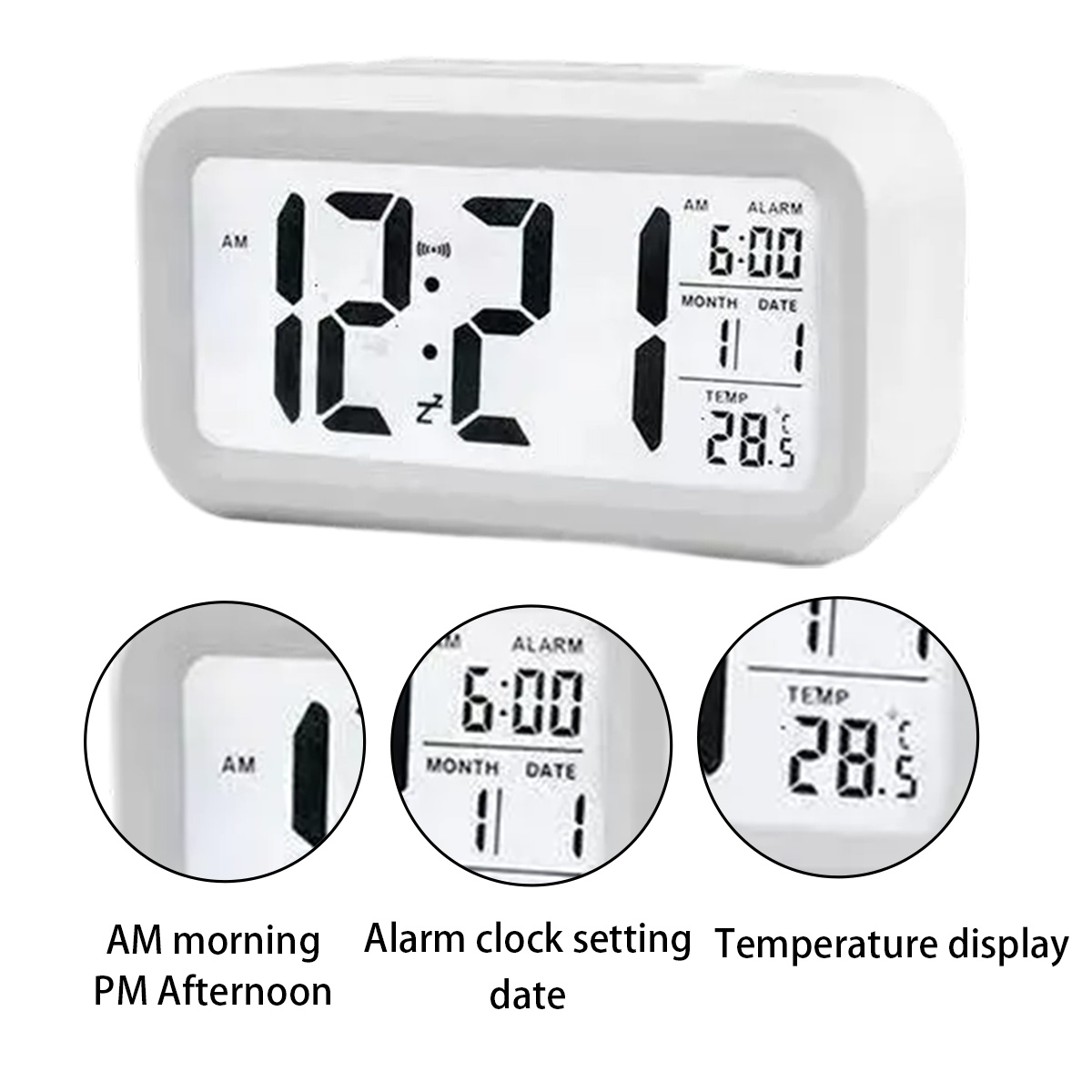 Digitaluhr zeigt 12:21, 6:00 Alarm, Datum 1.1. und 28.5°C an.
