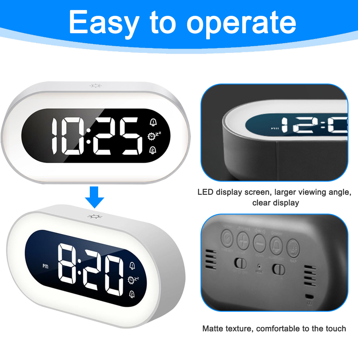 Ein moderner digitaler Wecker mit LED-Anzeige zeigt 10:25 und 8:20 an.