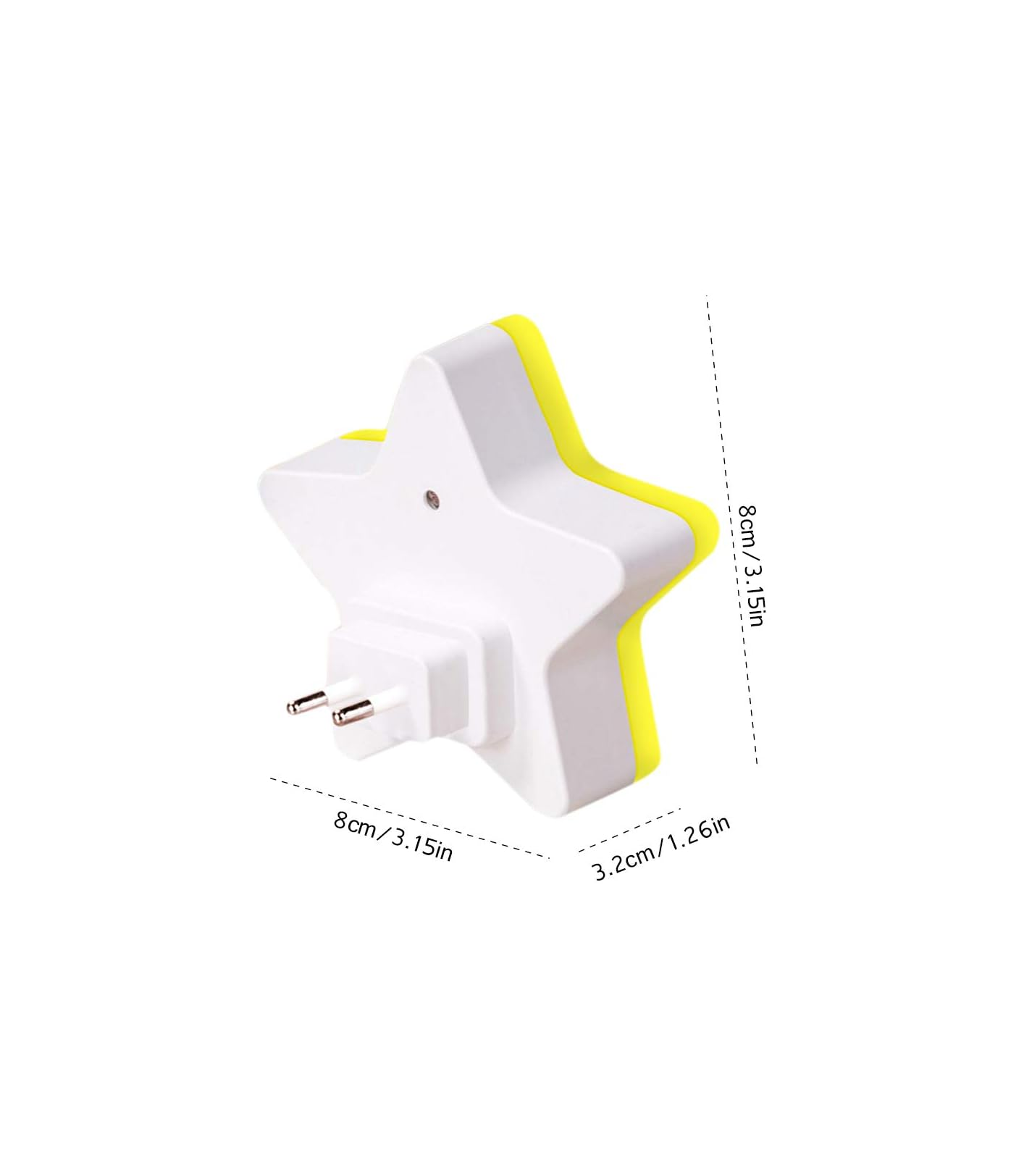 Ein weißer Stern-Adapter mit gelbem Rand und zwei Metallstiften.