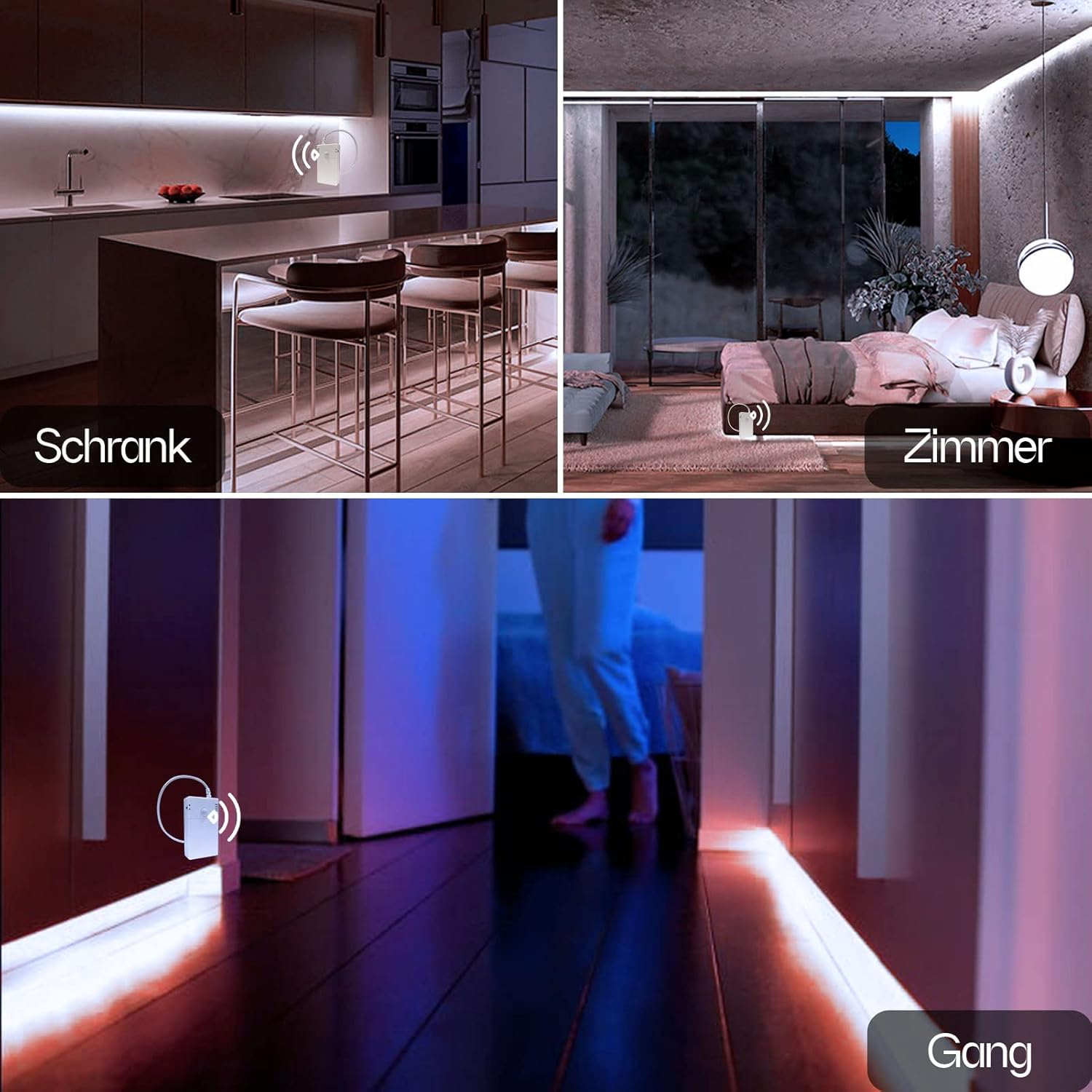 Ein moderner Raum mit drei Bereichen: Küche, Schlafzimmer und Flur mit Beleuchtung.