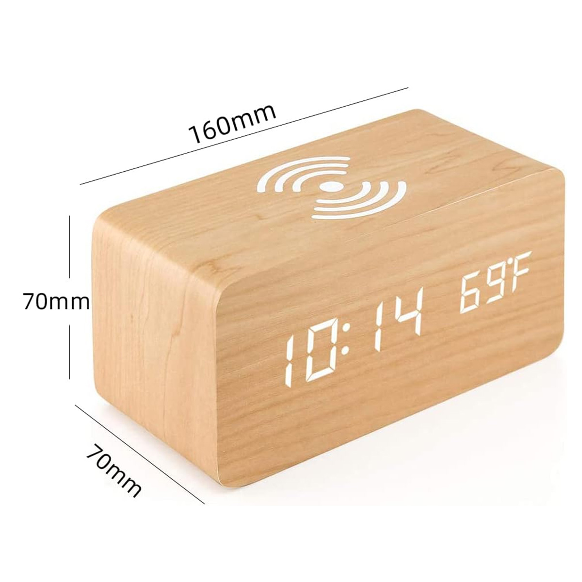 Holzwecker mit digitaler Uhrzeit 10:14 und Temperatur 69F.