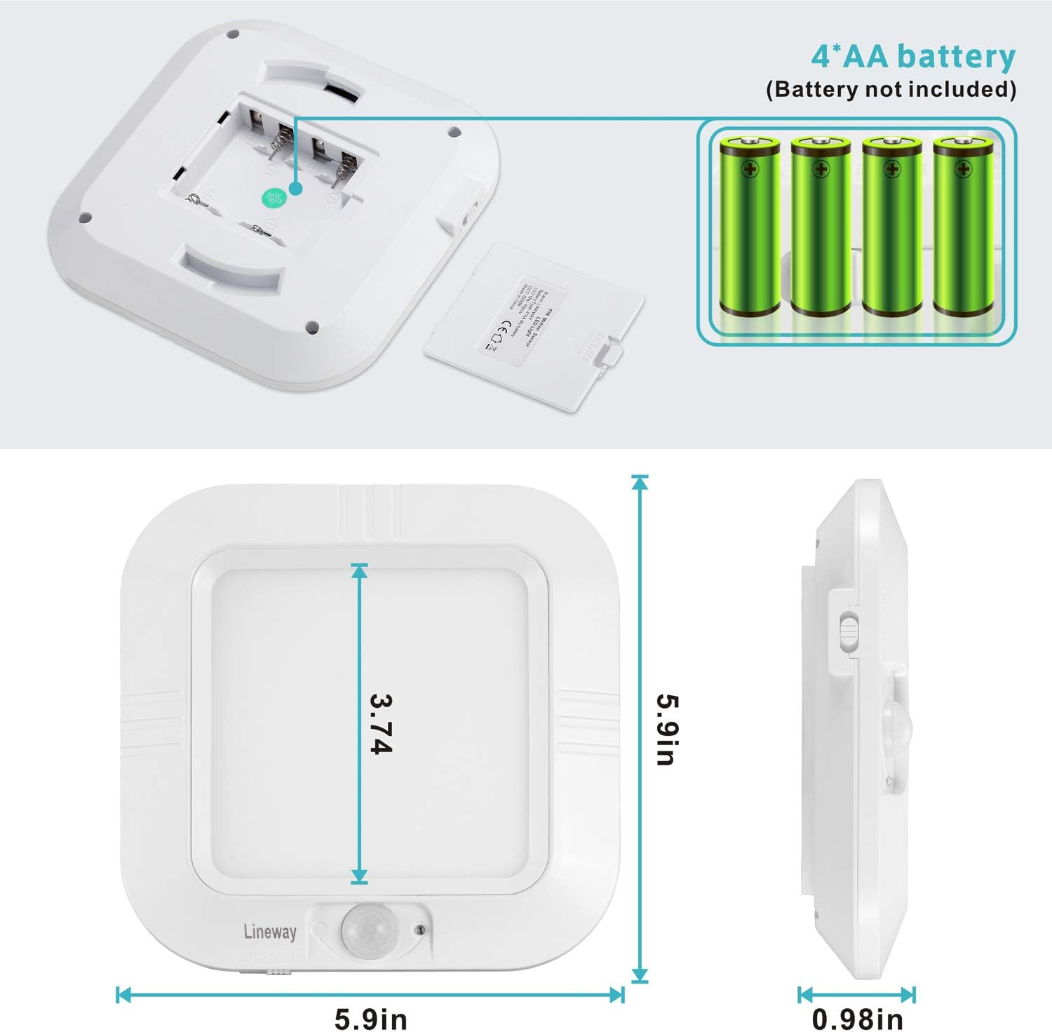 Weiße Leuchte mit Batteriefach, Maßen und vier AA-Batterien.