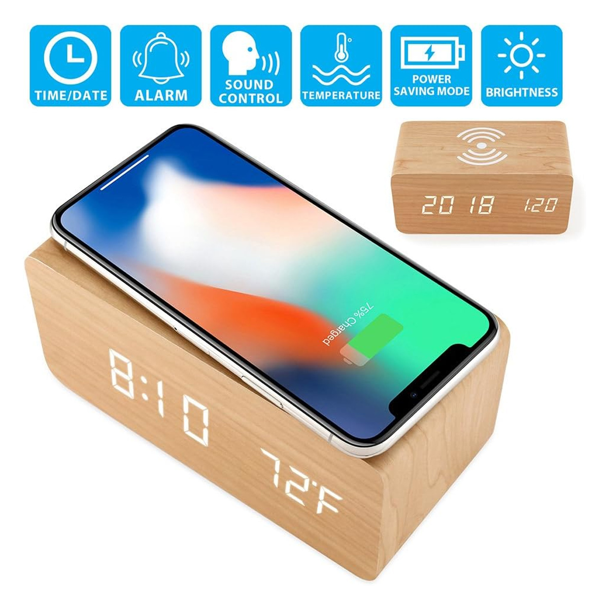 Ein Holzwecker mit einem Smartphone, das kabellos geladen wird. Icons zeigen Zeit, Alarm, Klang, Temperatur, Energiesparmodus und Helligkeit.