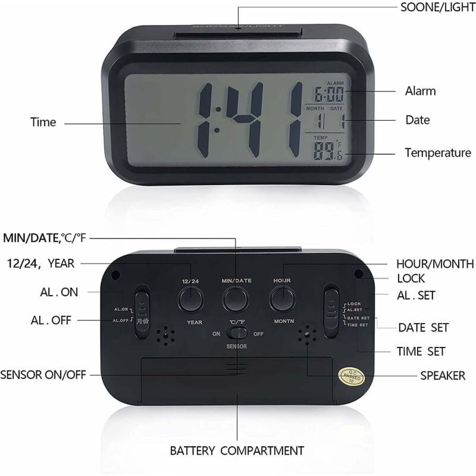 Ein schwarzer digitaler Wecker zeigt 1:41 Uhr und 89,6 °F an. Beschriftungen zeigen Funktionen.