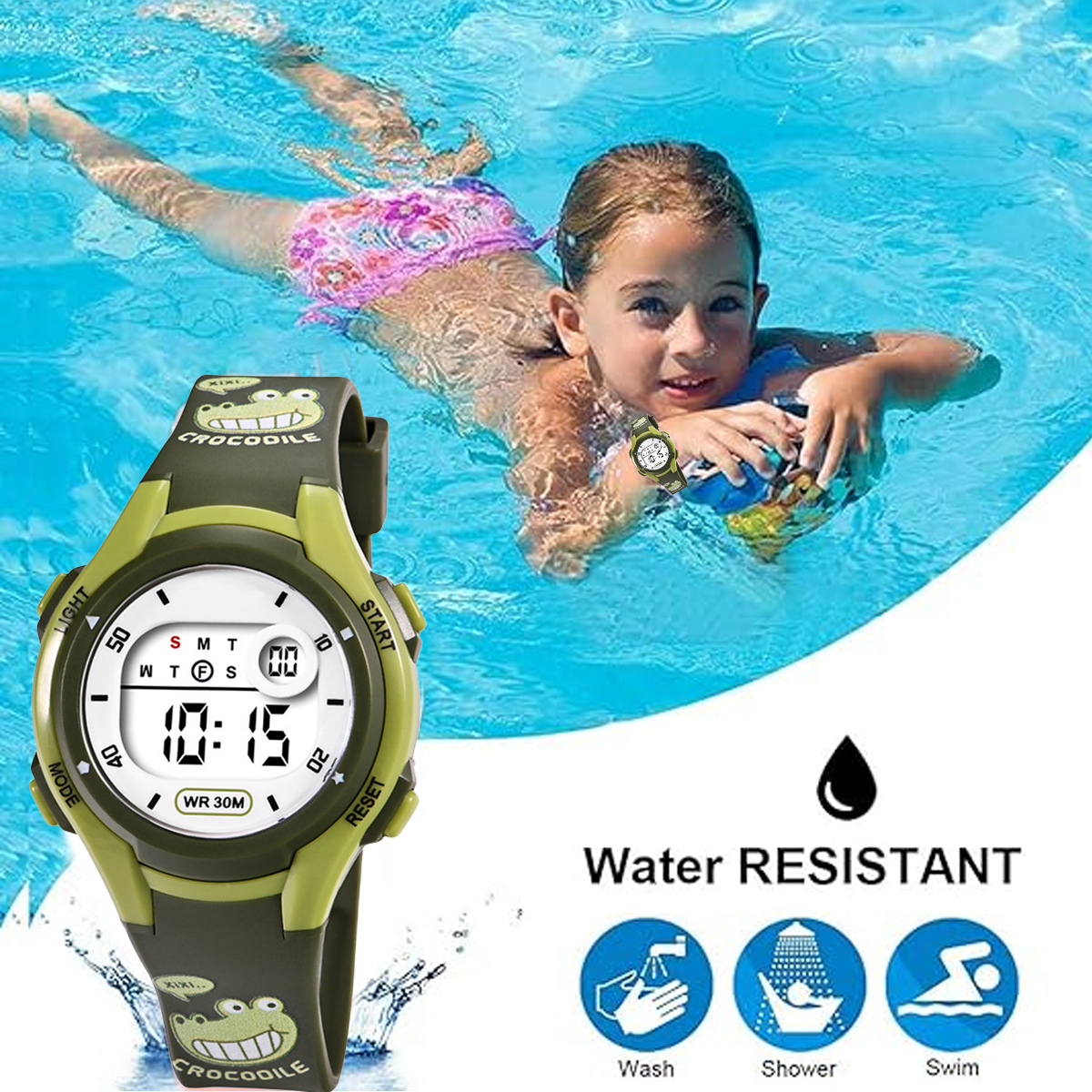 Ein Mädchen mit einem grünen Krokodil-Armbanduhr schwimmt im Pool.