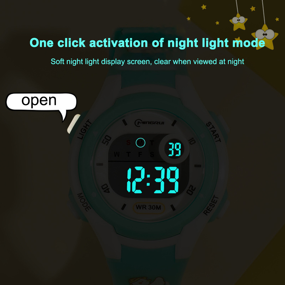 Eine hellgrüne Digitaluhr mit leuchtendem Display, das 12:39 anzeigt.