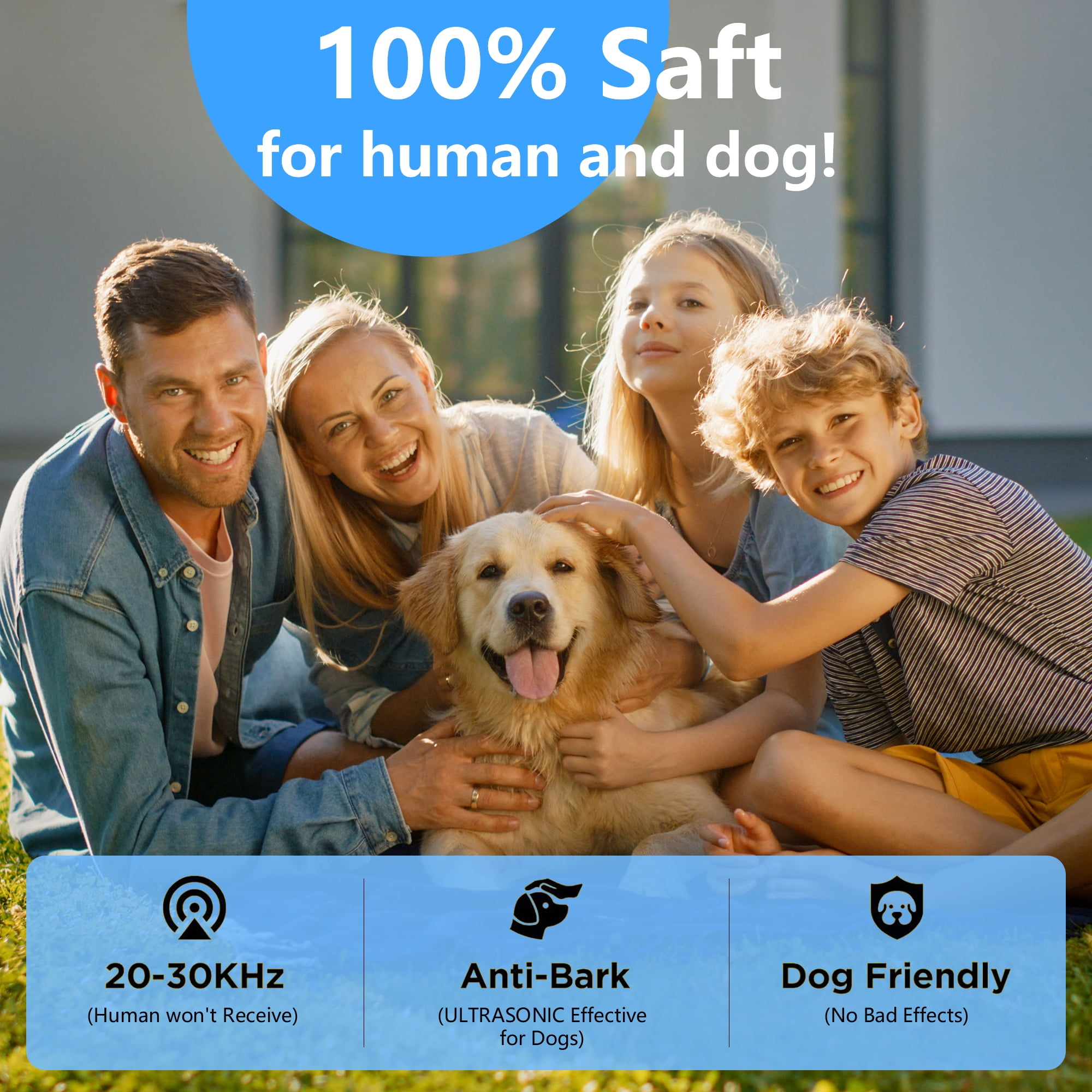 Familie mit Hund im Freien, 100% sicher für Mensch und Hund.