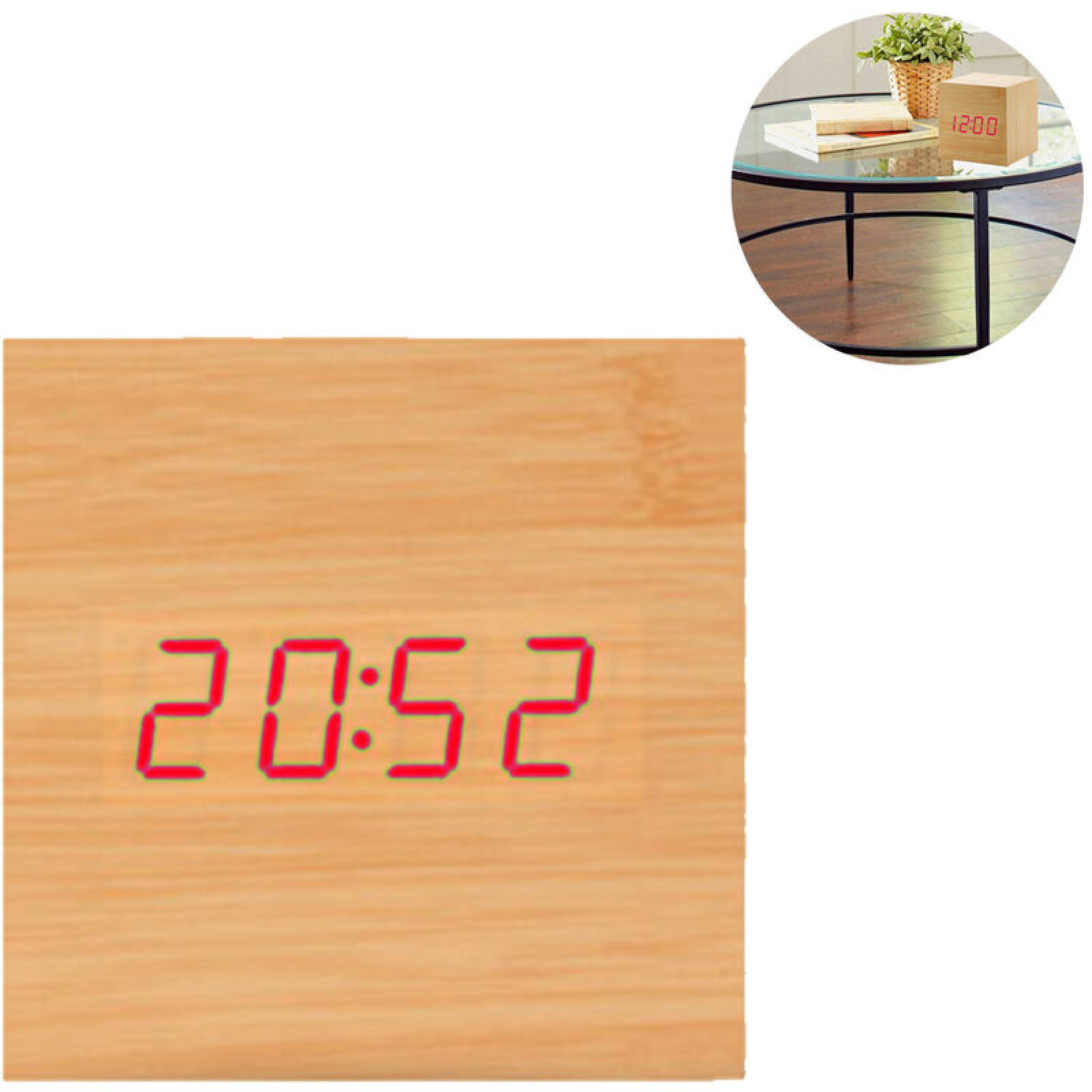 Holz-Digitaluhr zeigt 20:52 an. Daneben ein kleinerer Kreis mit einer Uhr, die 12:00 zeigt.