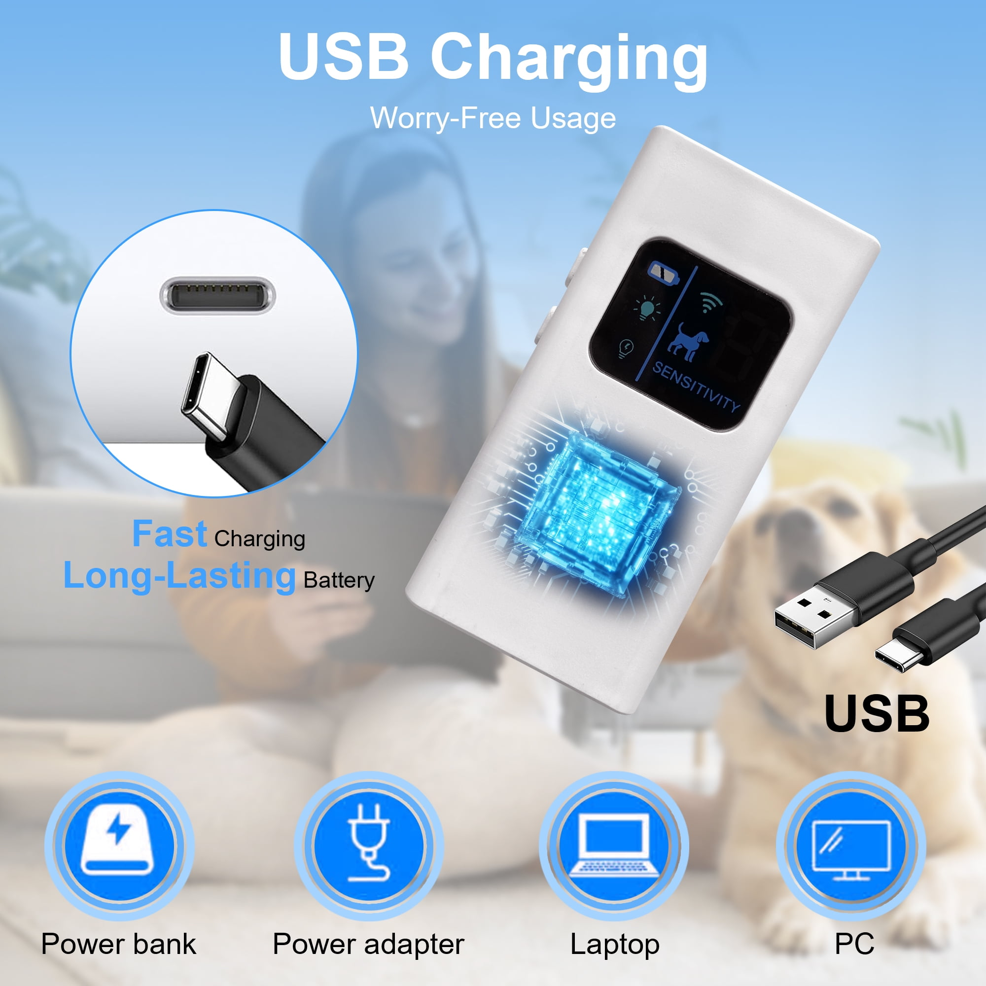 Ein weißes USB-Ladegerät mit einem blauen Kreis, der eine USB-C-Buchse zeigt.