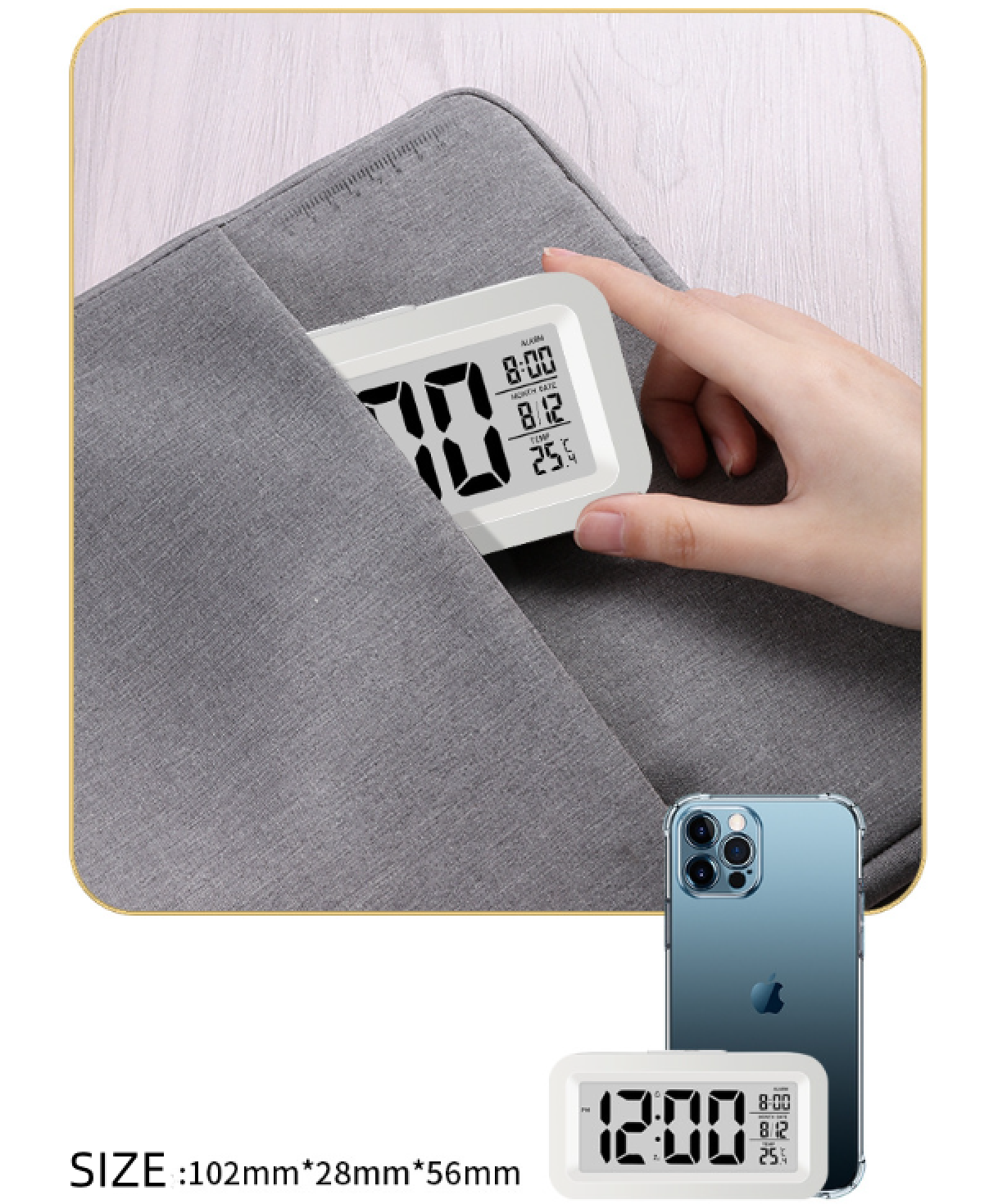 Eine Hand hält einen weißen Digitalwecker in einer grauen Hülle. Daneben liegen ein Smartphone und ein weiterer Wecker.