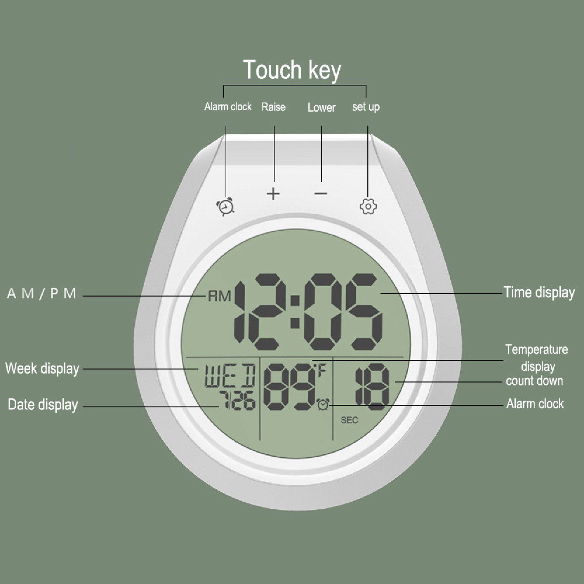 Digitaluhr zeigt 12:05 Uhr, 89°F, Mittwoch 7:26 und 18 Sekunden.