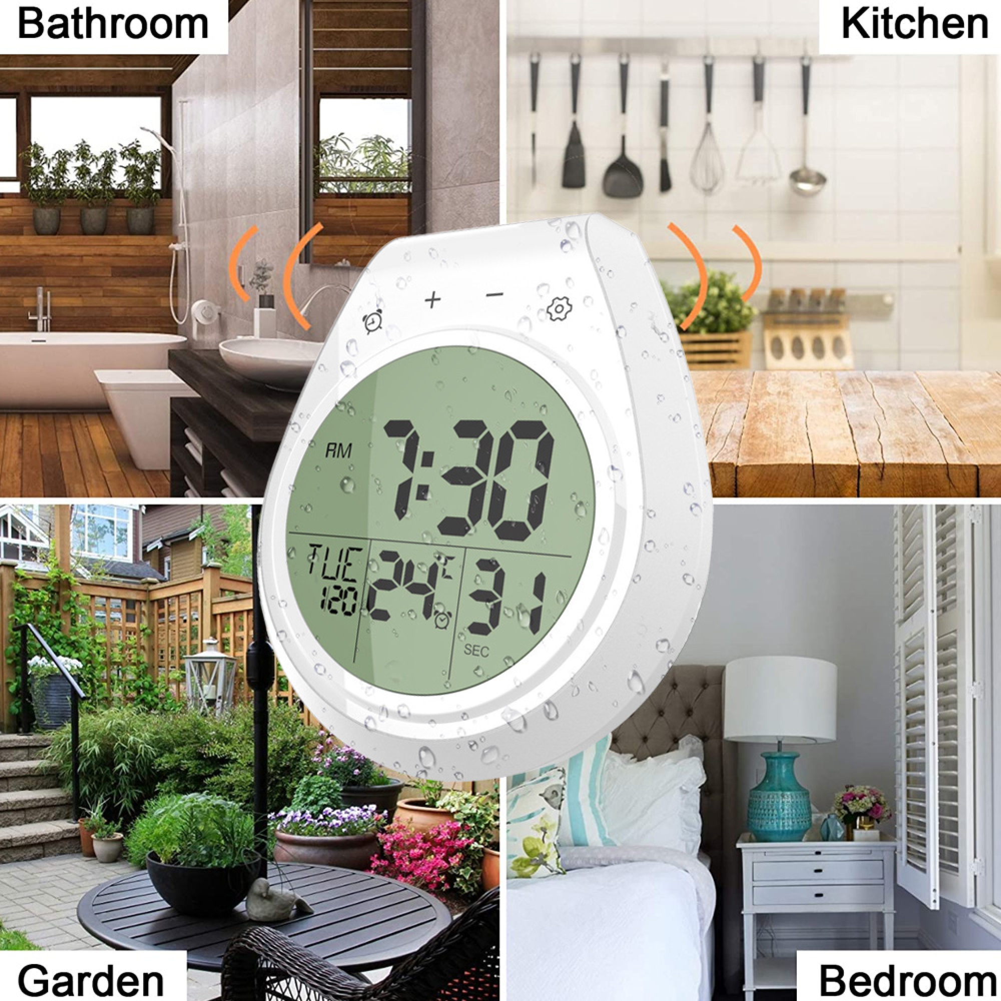 Ein digitaler Wecker zeigt 7:30 Uhr an, umgeben von Wohnbereichen: Bad, Küche, Garten, Schlafzimmer.