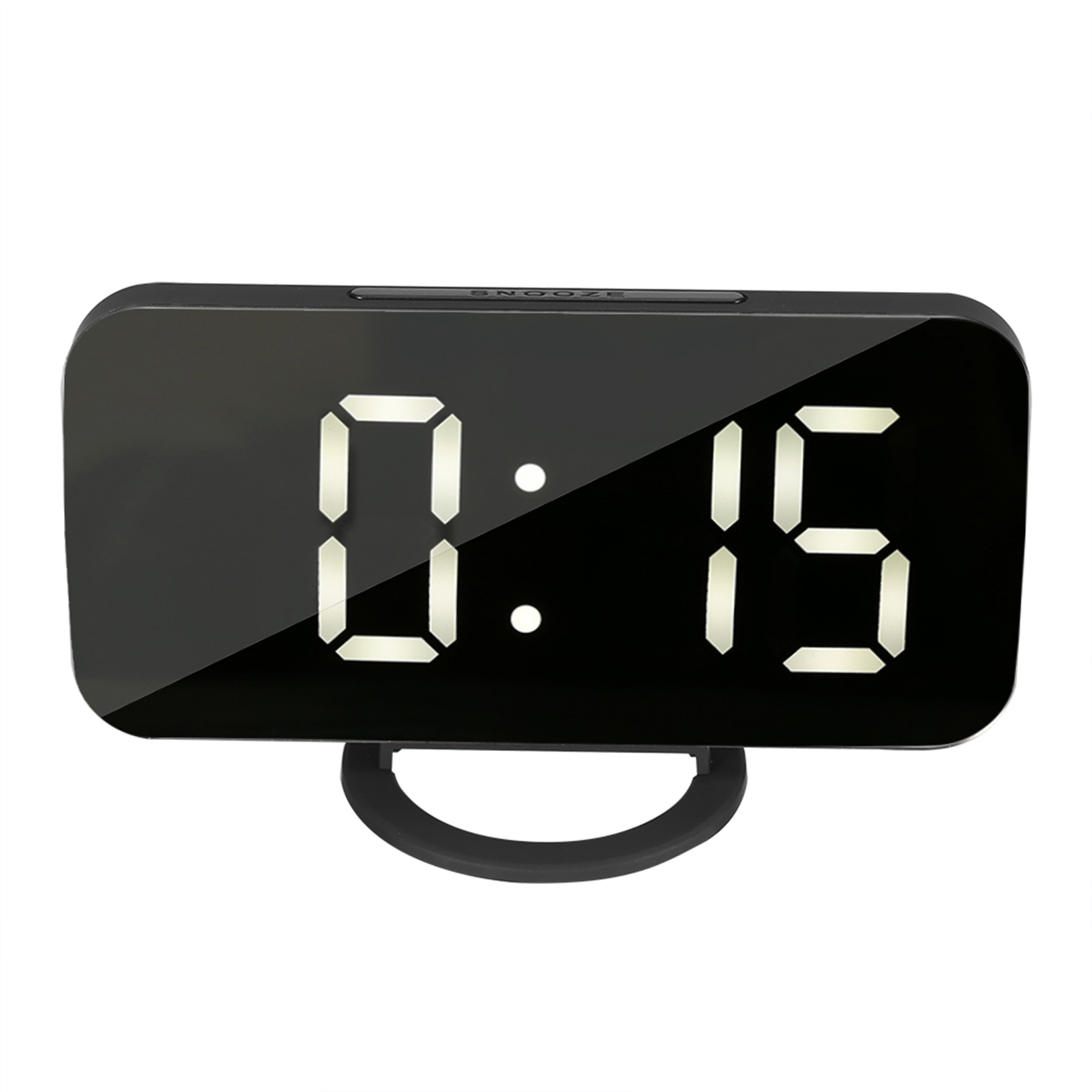 Ein schwarzer Digitalwecker mit weißer Anzeige zeigt 00:15 an.