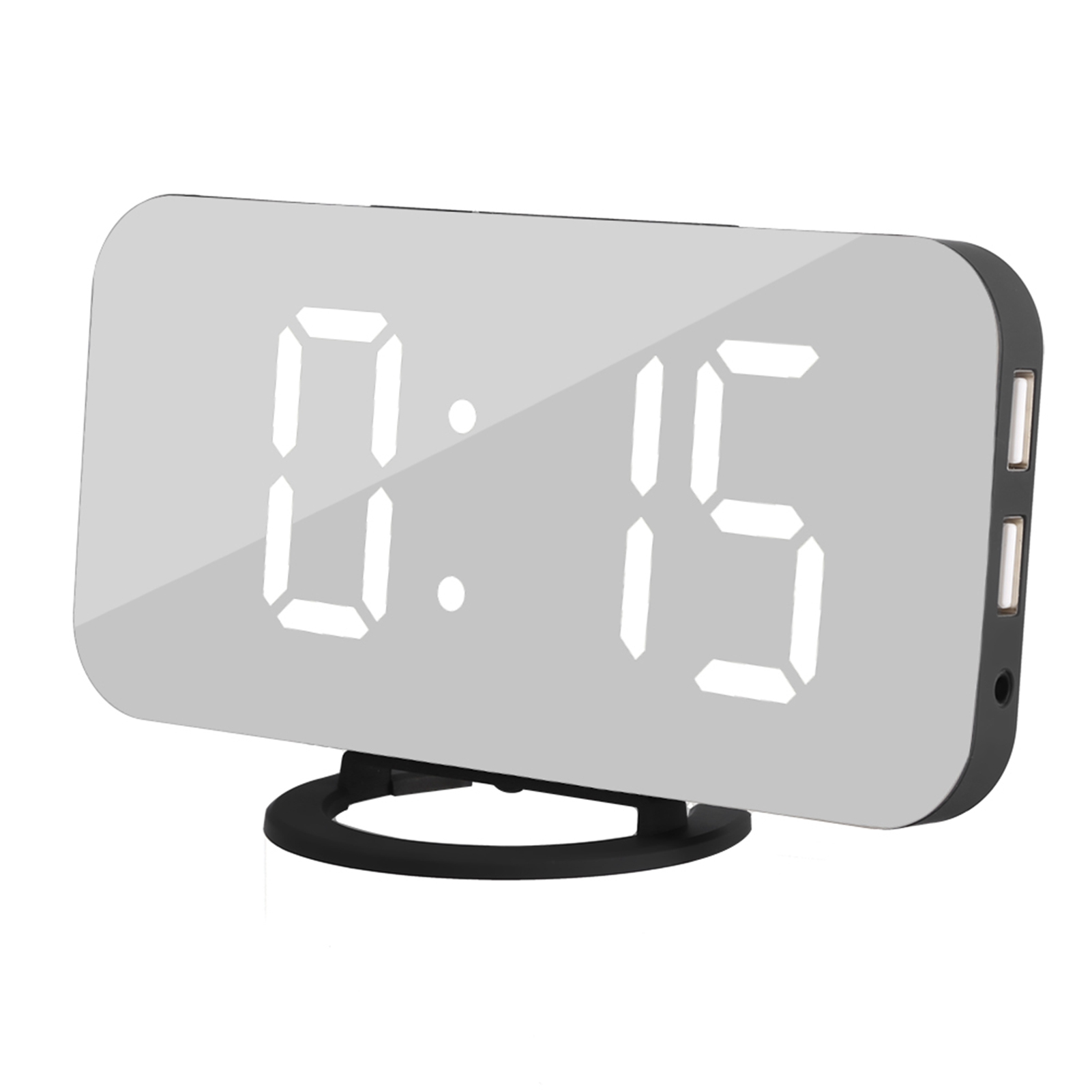 Digitaluhr mit spiegelnder Oberfläsche, zeigt 0:15 an.