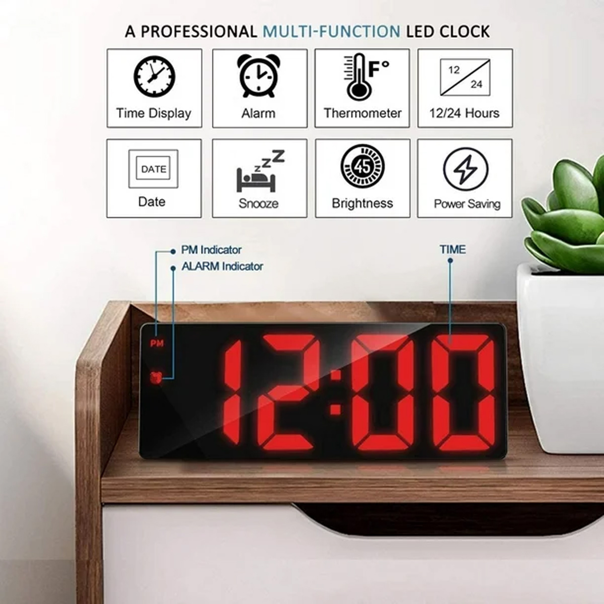 Digitale LED-Uhr zeigt 12:00 mit Funktionen wie Alarm, Datum, Temperatur.