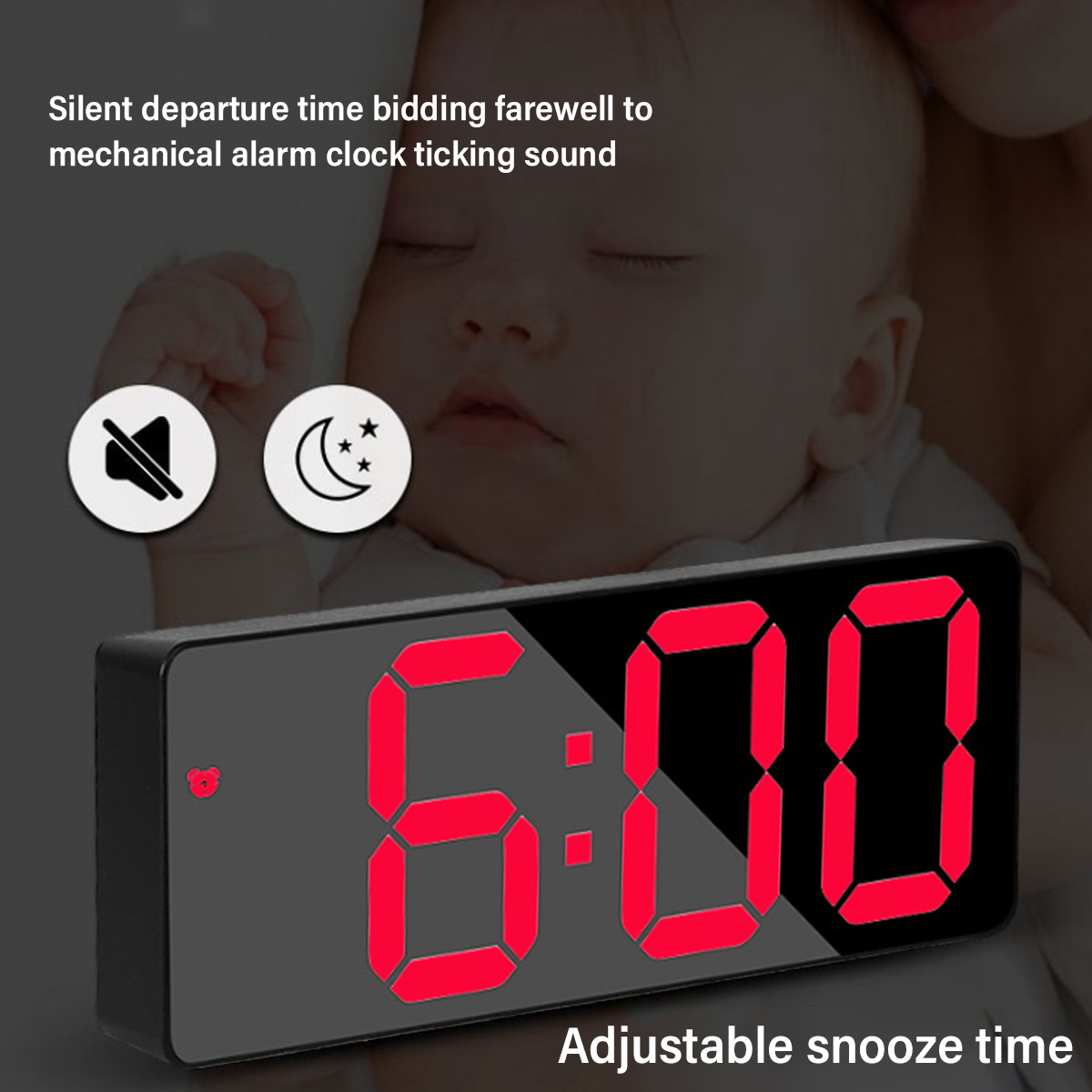 Digitaluhr zeigt 6:00 an, mit Baby im Hintergrund und Snooze-Symbolen.