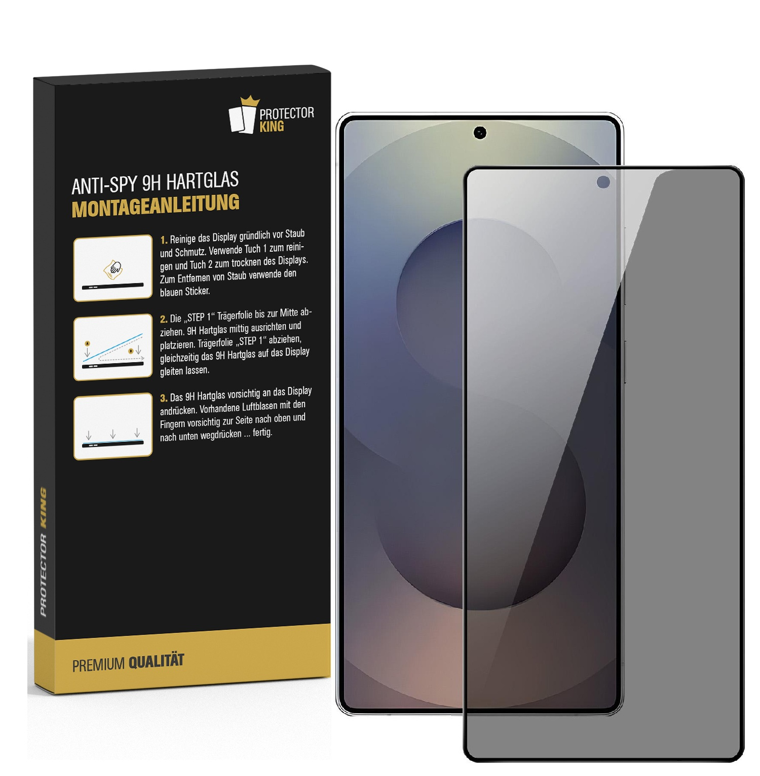 Protector King Ant-Spy 9H Hartglas Montageanleitung mit zwei Handy Displays.