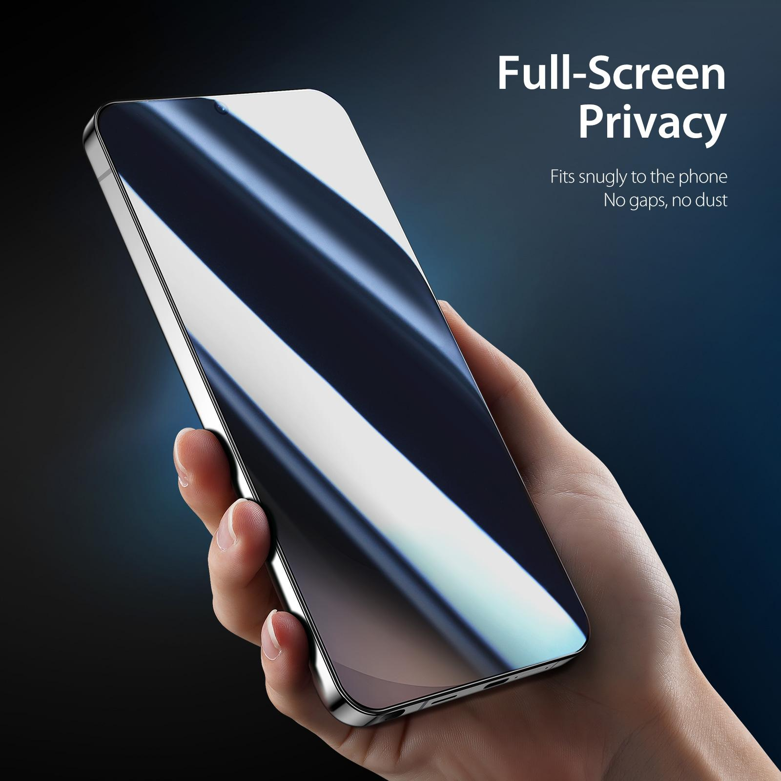 Eine Hand hält ein Smartphone mit einem Sichtschutz-Displayschutz. Blaue Streifen auf dem Bildschirm.