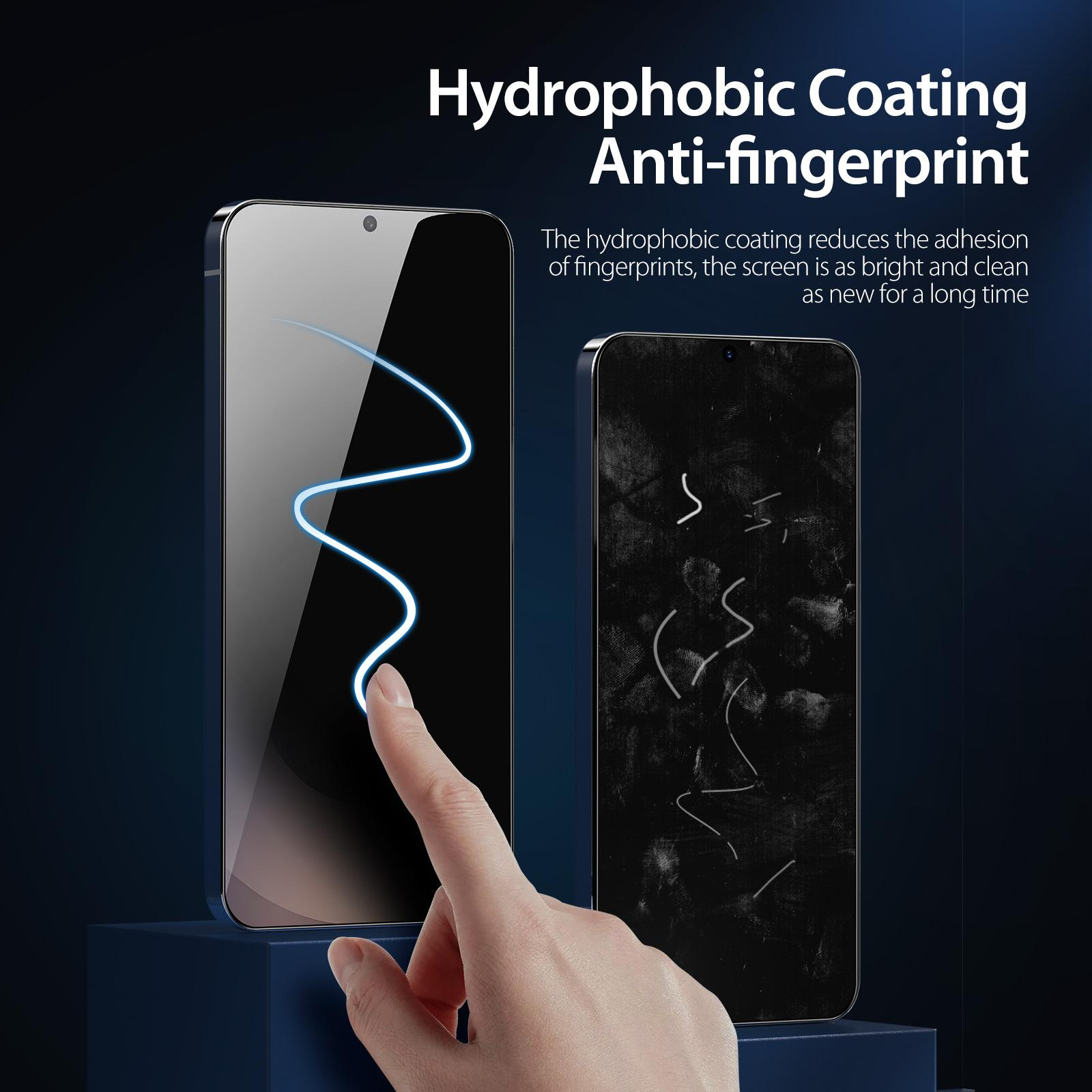 Ein Finger berührt einen sauberen Bildschirm mit blauer Linienzeichnung. Daneben ein schmutziger Bildschirm.