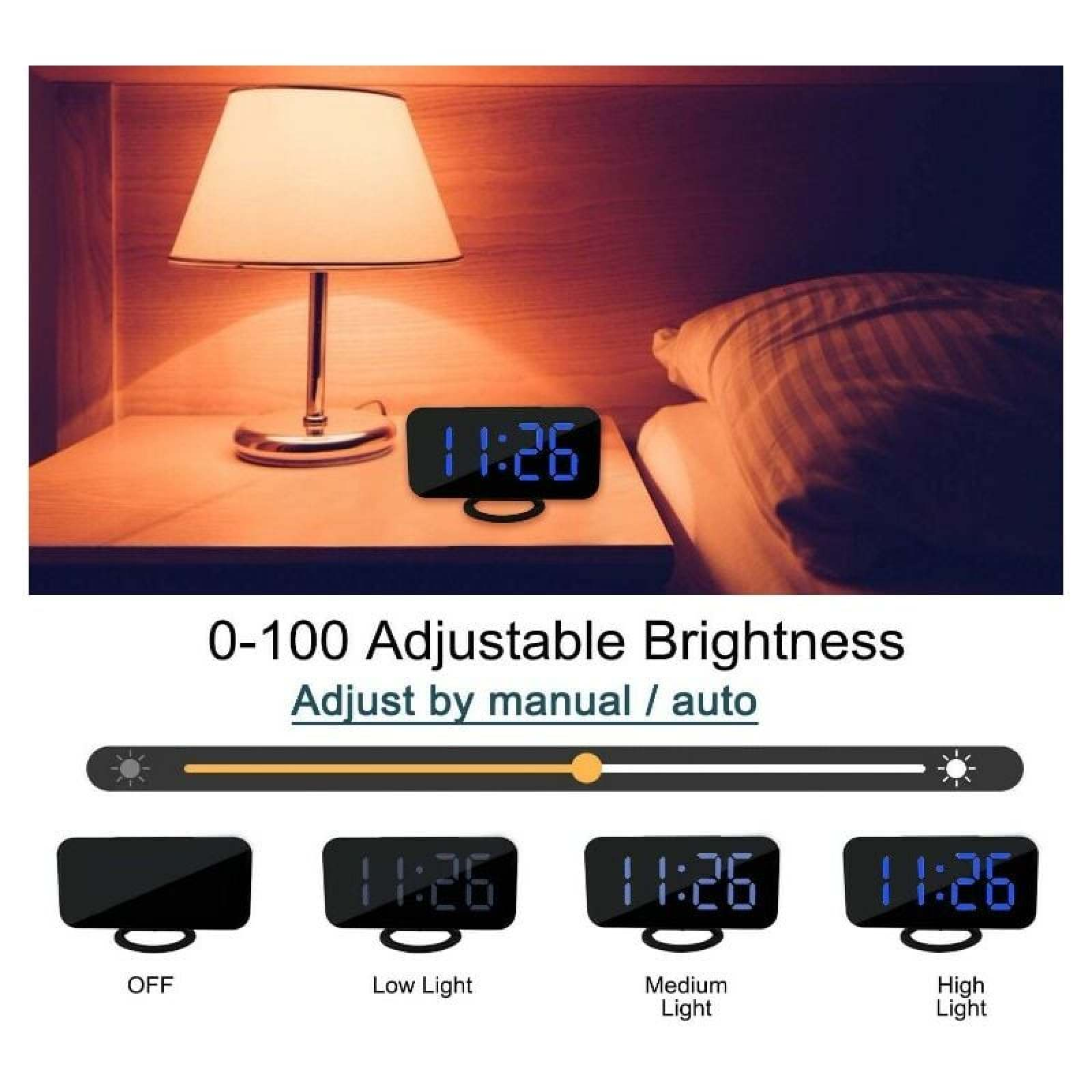 Digitaluhr auf Nachttisch mit Lampe. Helligkeitseinstellungen gezeigt.